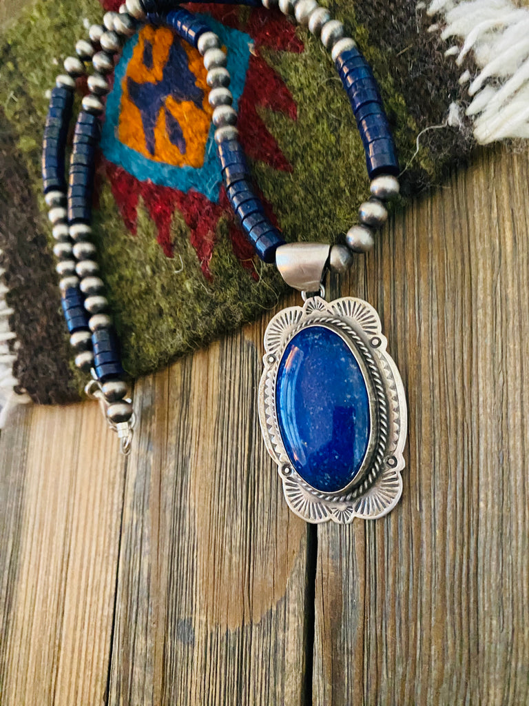 Native American Lapis and Silver Beaded Necklace | Theresa Belone