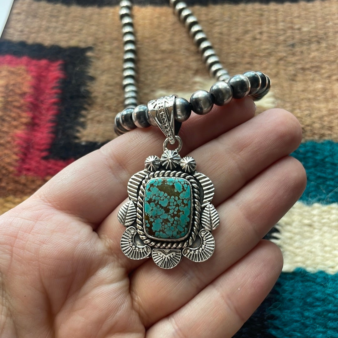 Handmade Sterling Silver & Number 8 Turquoise Pendant Signed Nizhoni