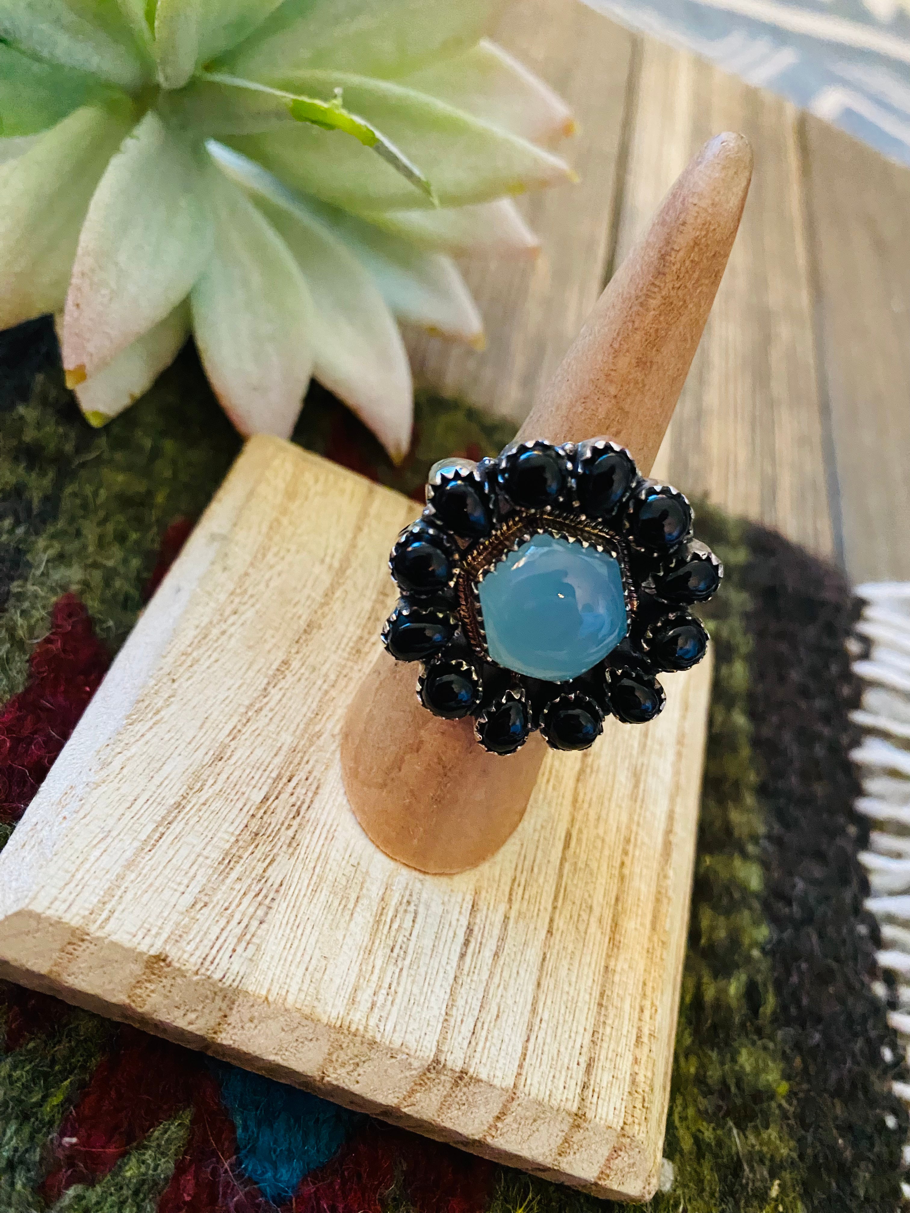 Handmade Sterling Silver, Opalite & Onyx Cluster Adjustable Ring