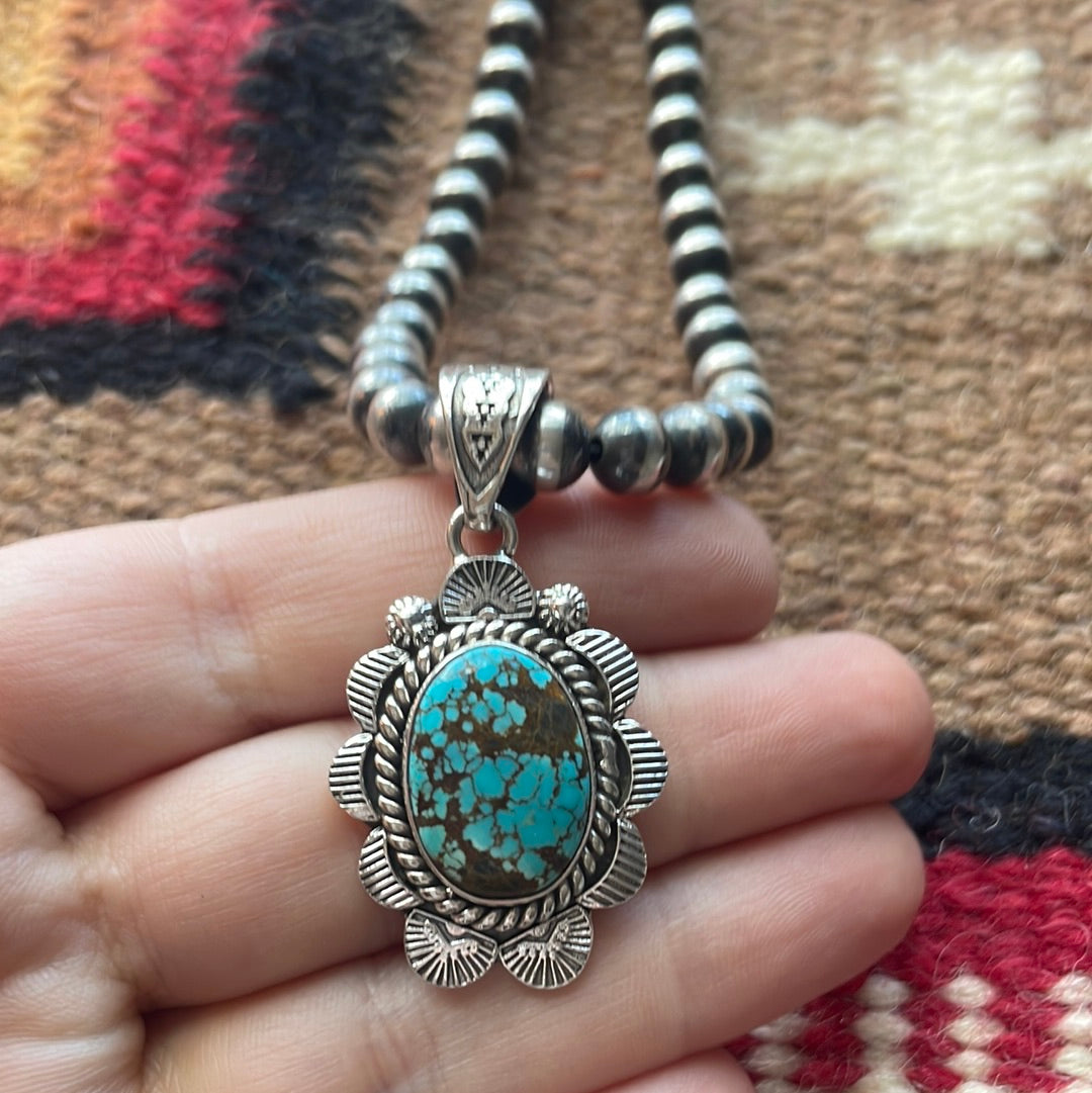 Handmade Sterling Silver & Number 8 Turquoise Pendant Signed Nizhoni