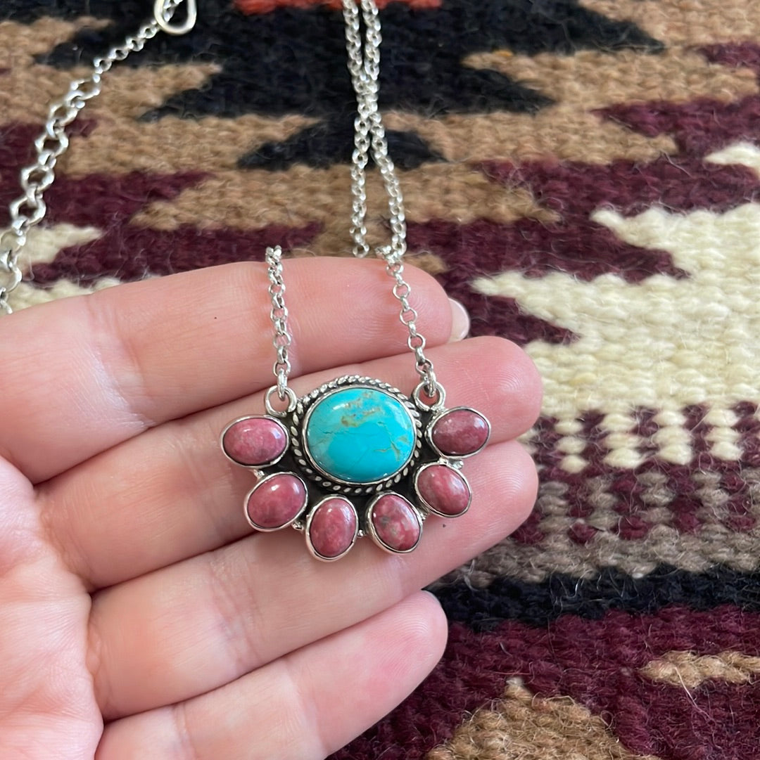 Handmade Sterling Silver, Rhodonite & Turquoise Necklace