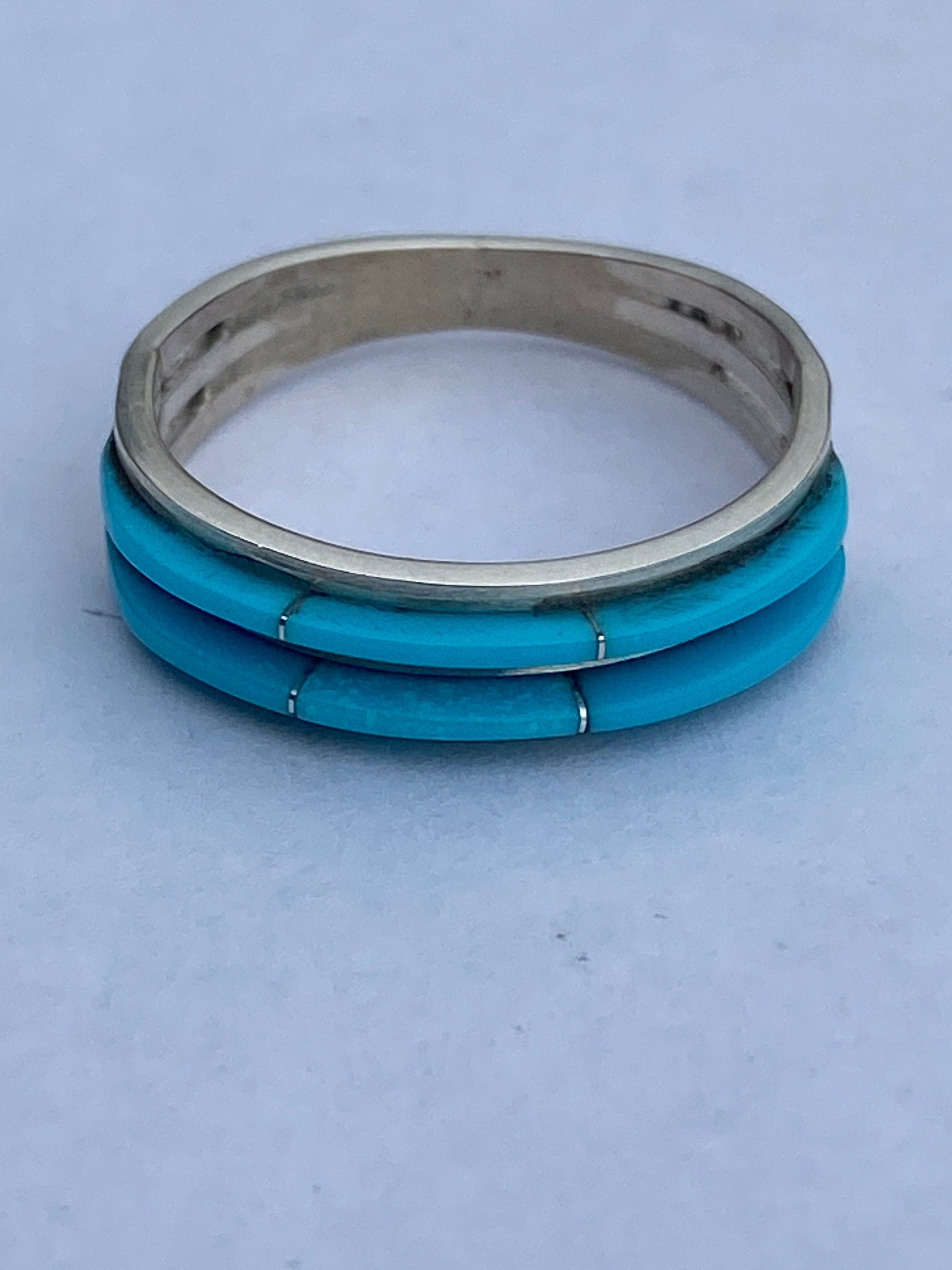 Zuni Sterling Silver & Double Row Turquoise Stone rolled Inlay Band Ring