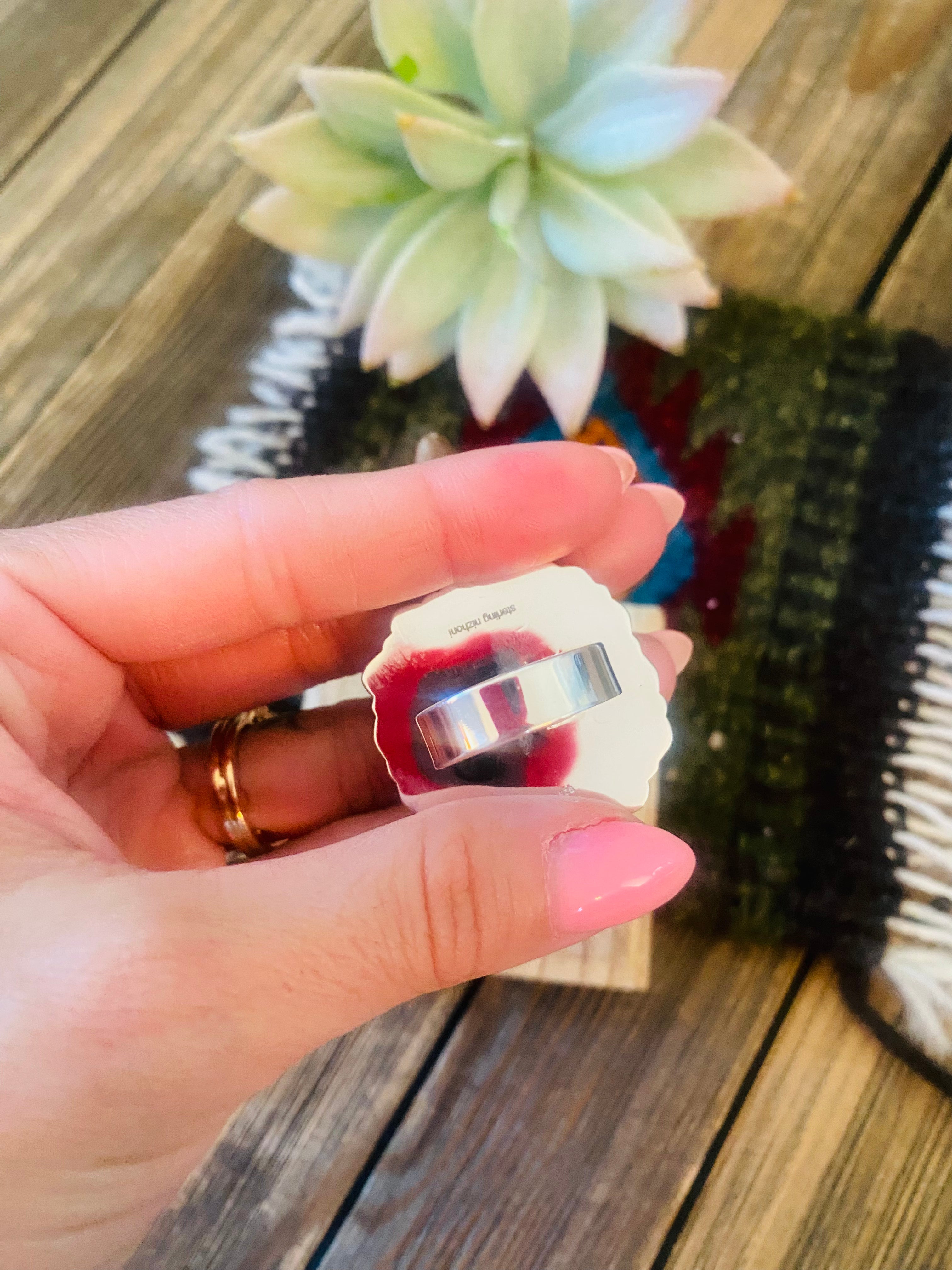 Handmade Sterling Silver, Turquoise & Mother of Pearl Cluster Adjustable Ring