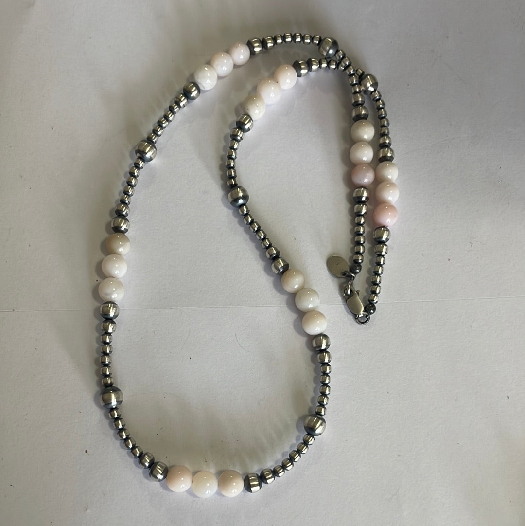 Navajo Pink Conch & Sterling Silver Beaded Necklace 20”