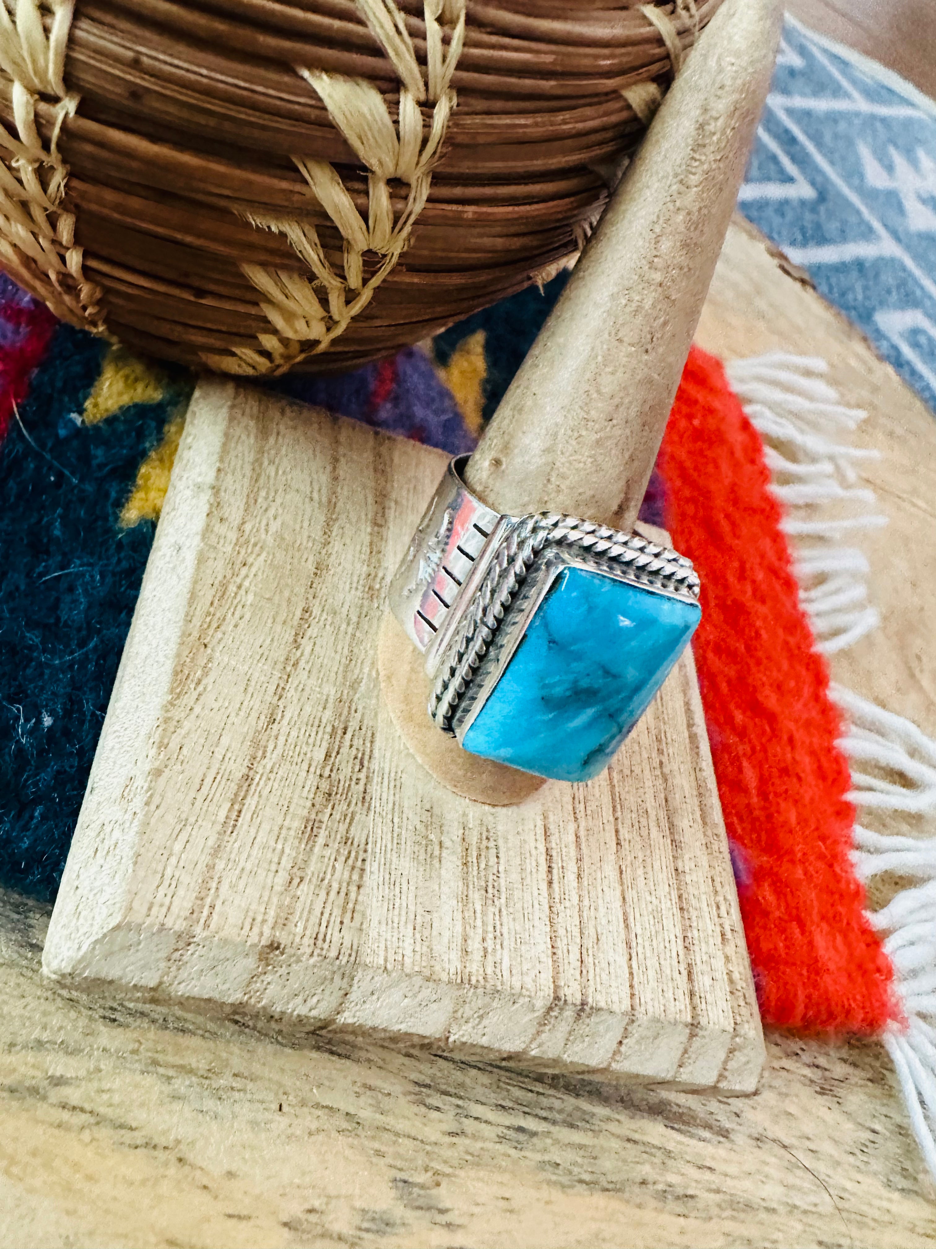 Navajo Sterling Silver & Kingman Turquoise Band Ring Signed