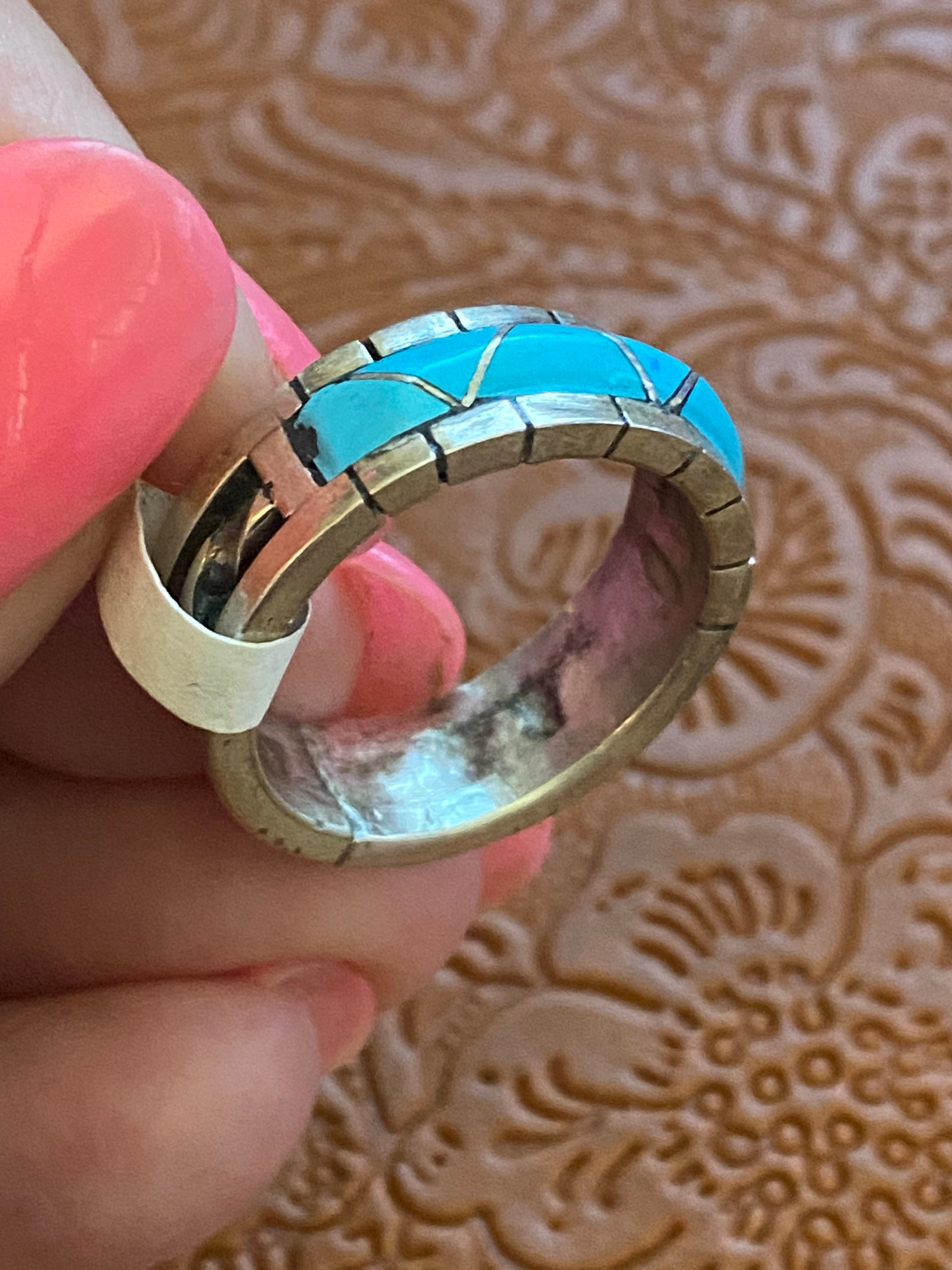 Zuni Sterling Silver & Turquoise Wedding Inlay Band