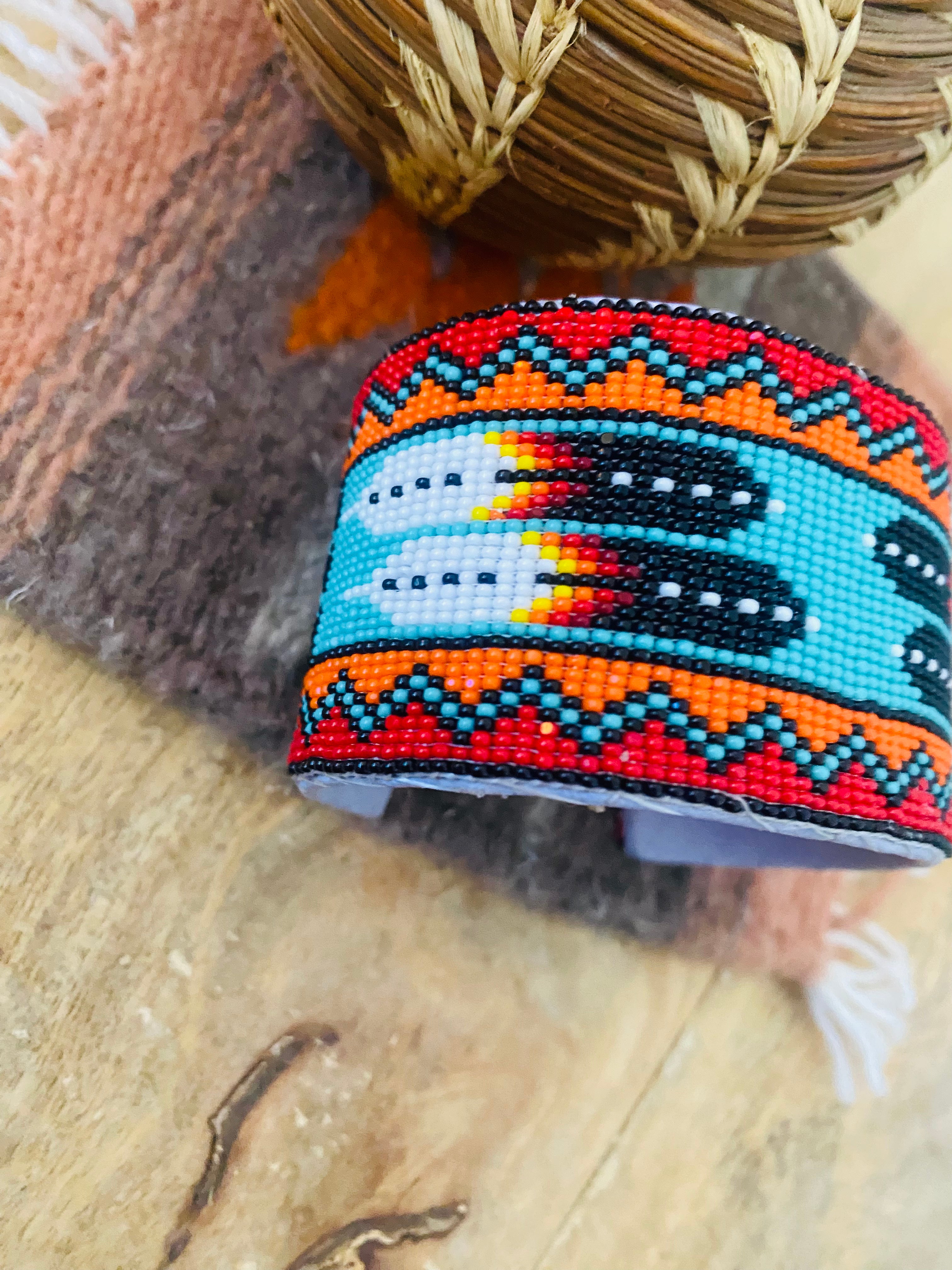 Navajo Made Beaded Leather Bracelet