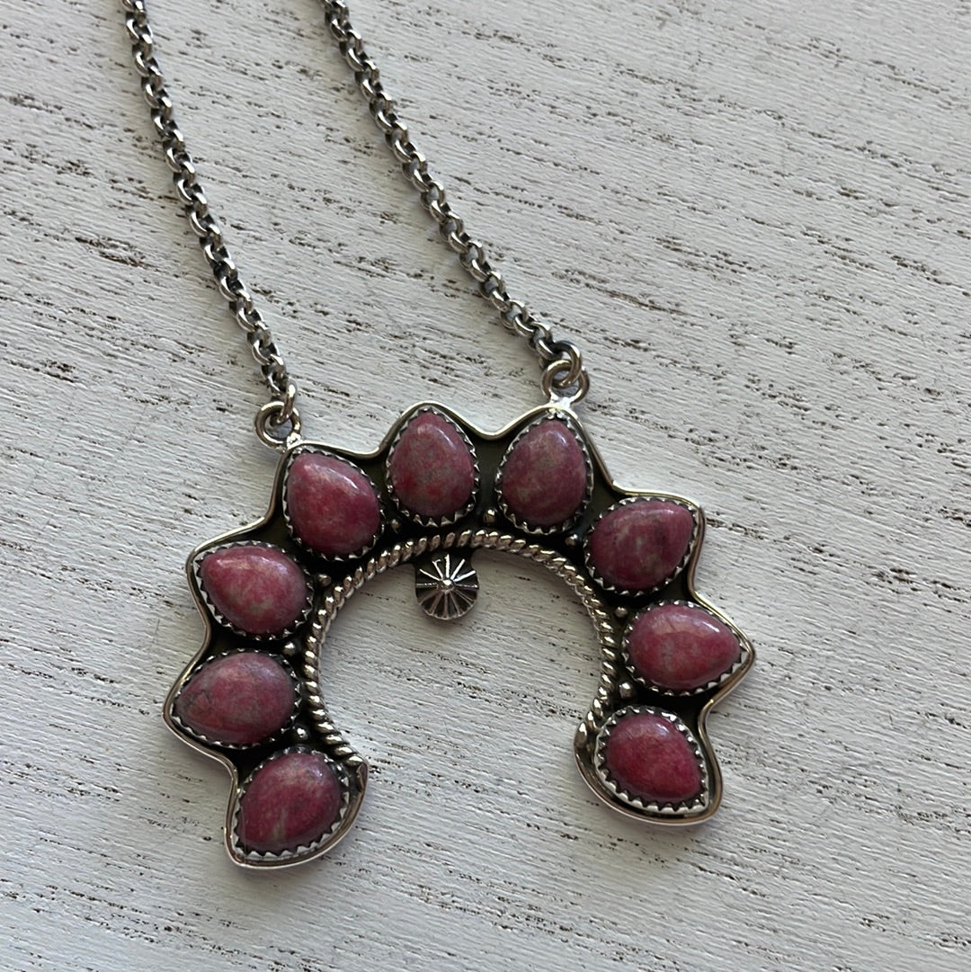 Handmade Sterling Silver & Rhodonite Naja Necklace Signed Nizhoni