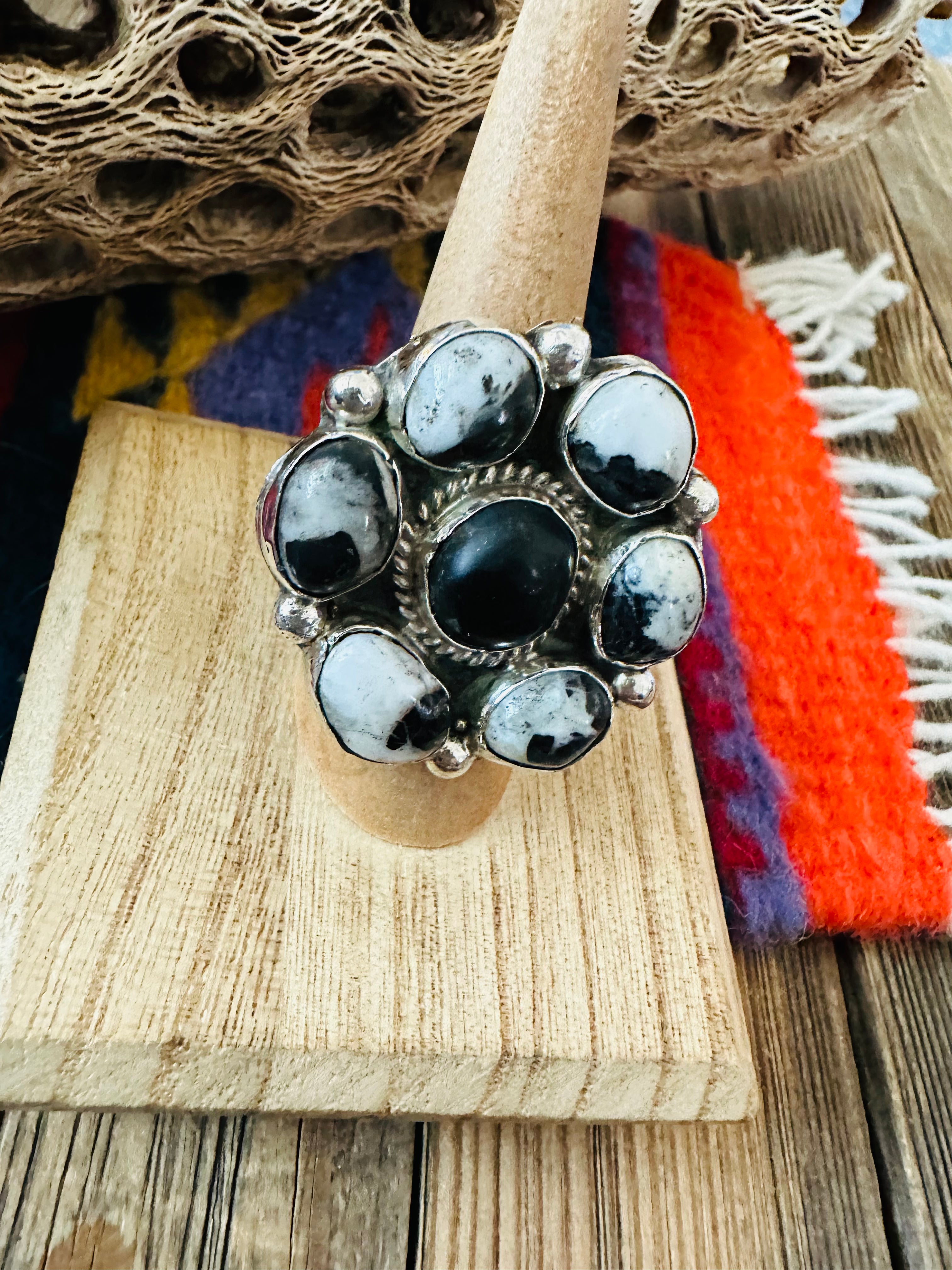 Navajo Sterling Silver And White Buffalo Cluster Adjustable Ring