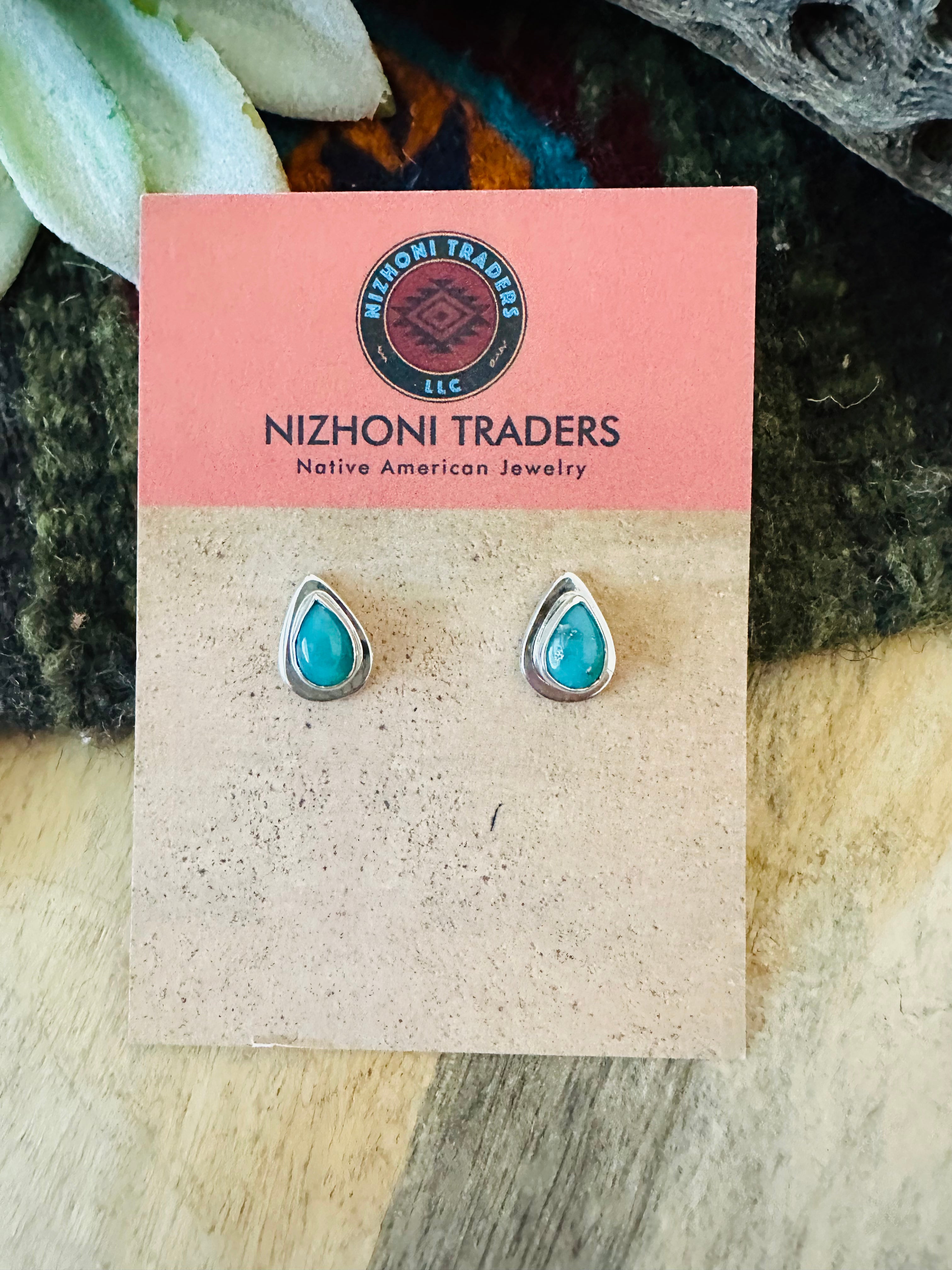 Navajo Turquoise & Sterling Silver Teardrop Stud Earrings