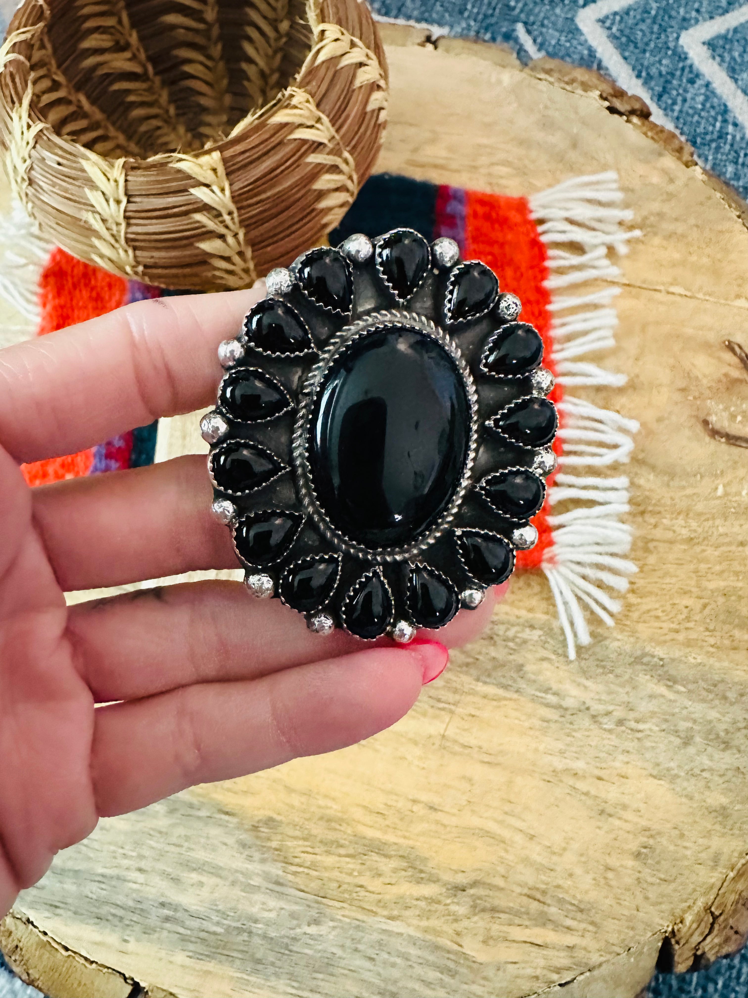 Navajo Sterling Silver & Black Onyx Cluster Adjustable Ring