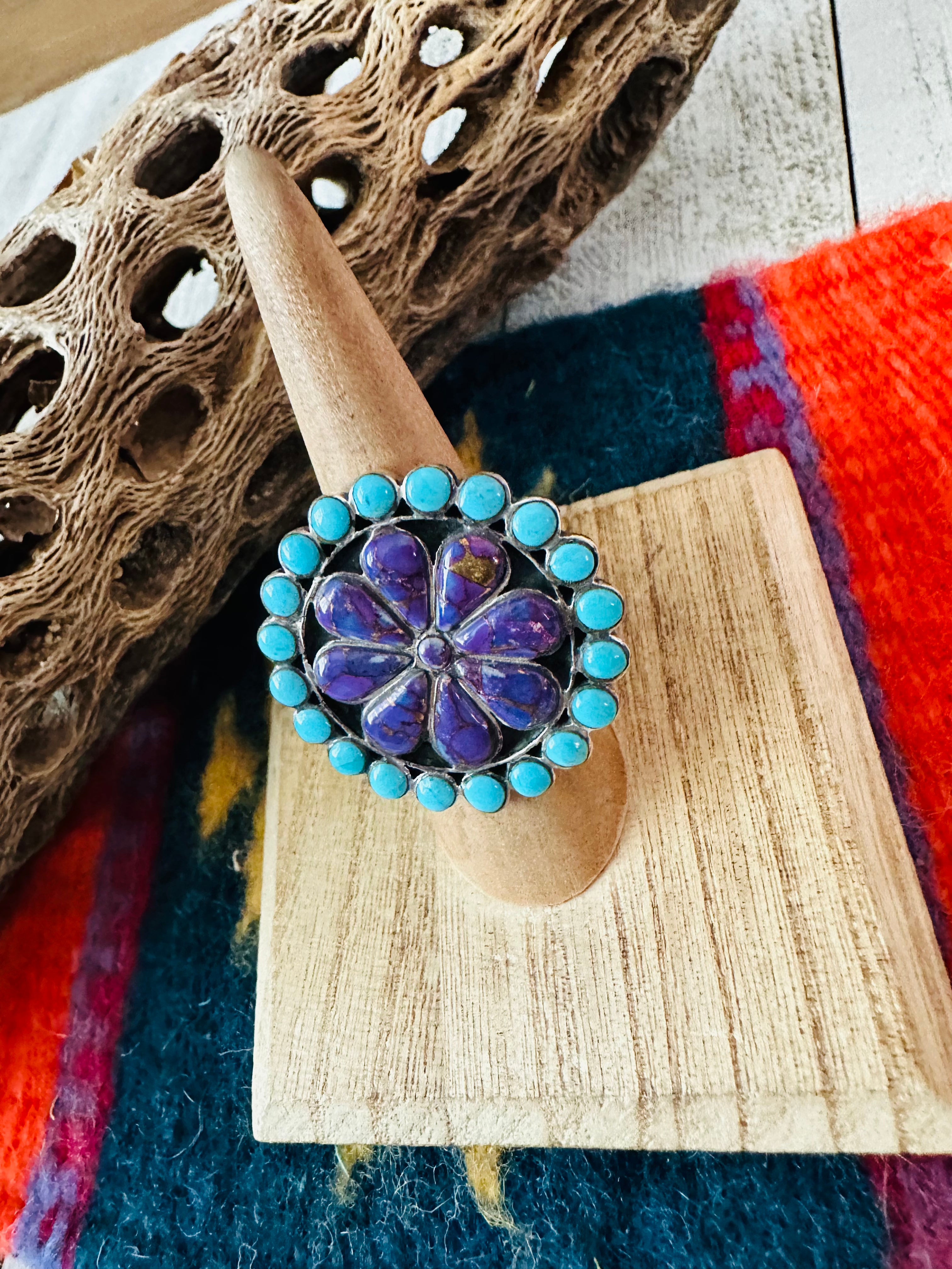 Handmade Sterling Silver, Turquoise & Purple Mojave Cluster Adjustable Ring