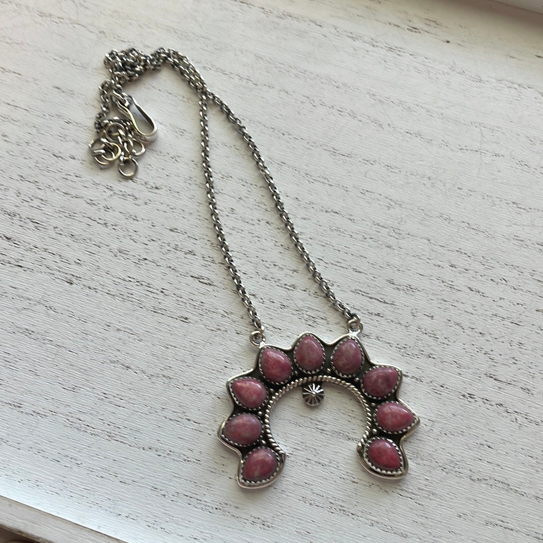 Handmade Sterling Silver & Rhodonite Naja Necklace Signed Nizhoni