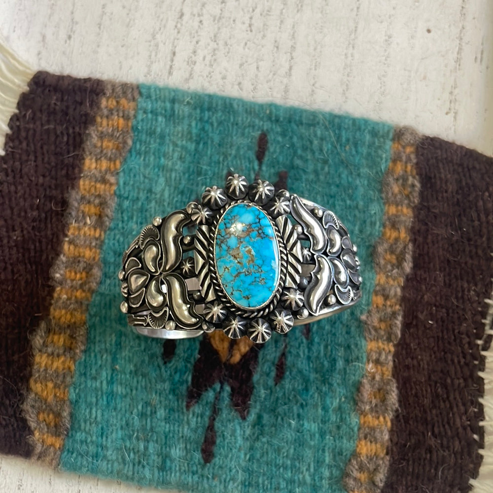 Handcrafted Turquoise & Sterling Silver Cuff Bracelet Signed Rick Werito