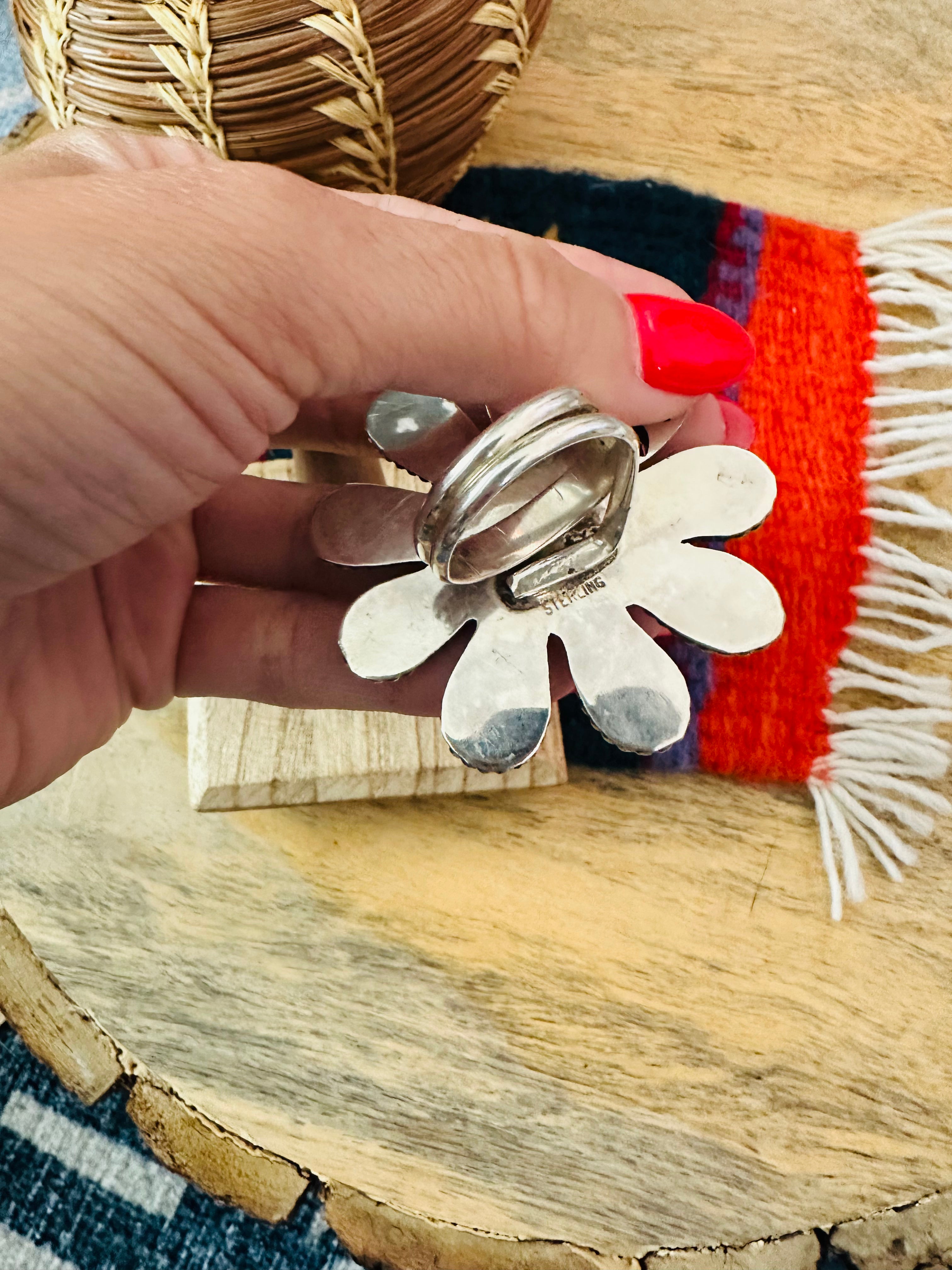 Navajo Turquoise & Sterling Silver Flower Adjustable Ring