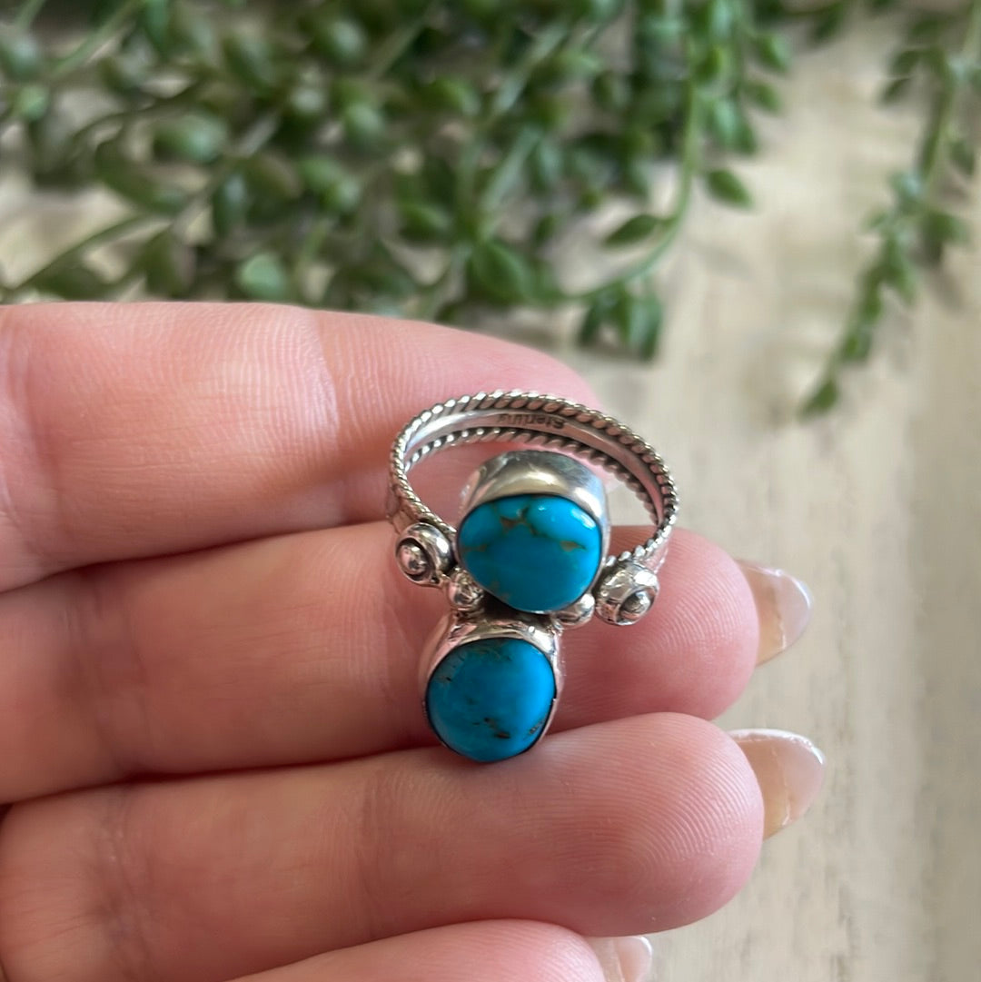 Navajo Double Stone Turquoise Sterling Silver Ring Size 8