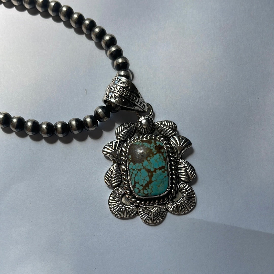 Handmade Sterling Silver & Number 8 Turquoise Pendant Signed Nizhoni