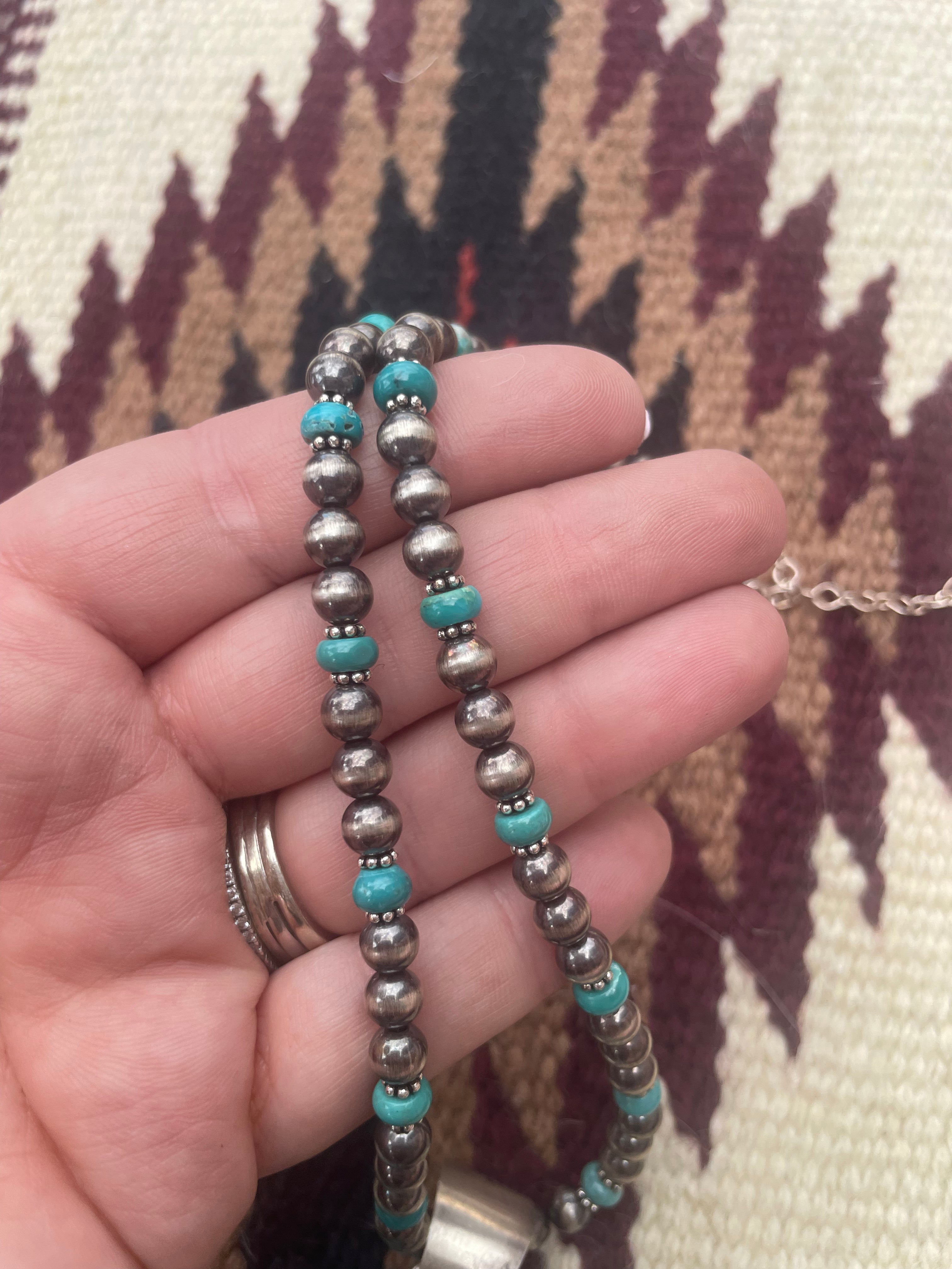 Navajo Sterling Silver & Turquoise Beaded Necklace With Pendant Signed Bea Tom