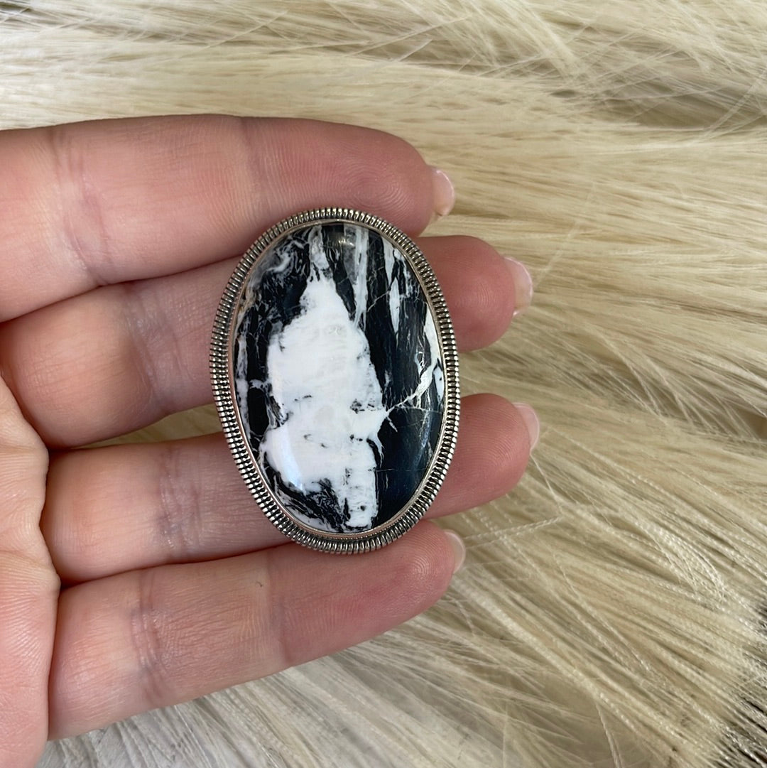 Navajo Sterling Silver & White Buffalo Adjustable Ring Signed