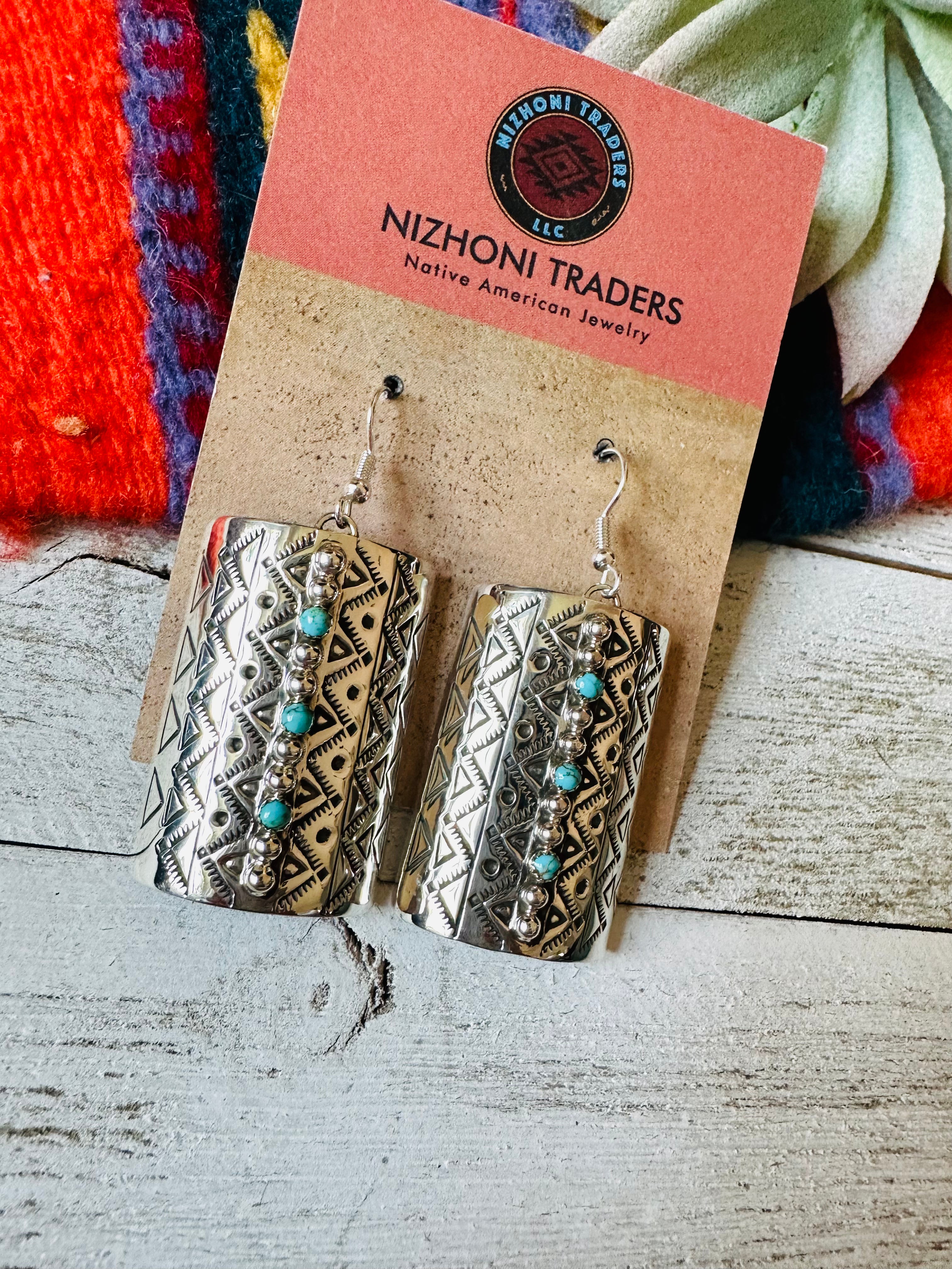 Navajo Hand Stamped Sterling Silver & Turquoise Dangle Earrings