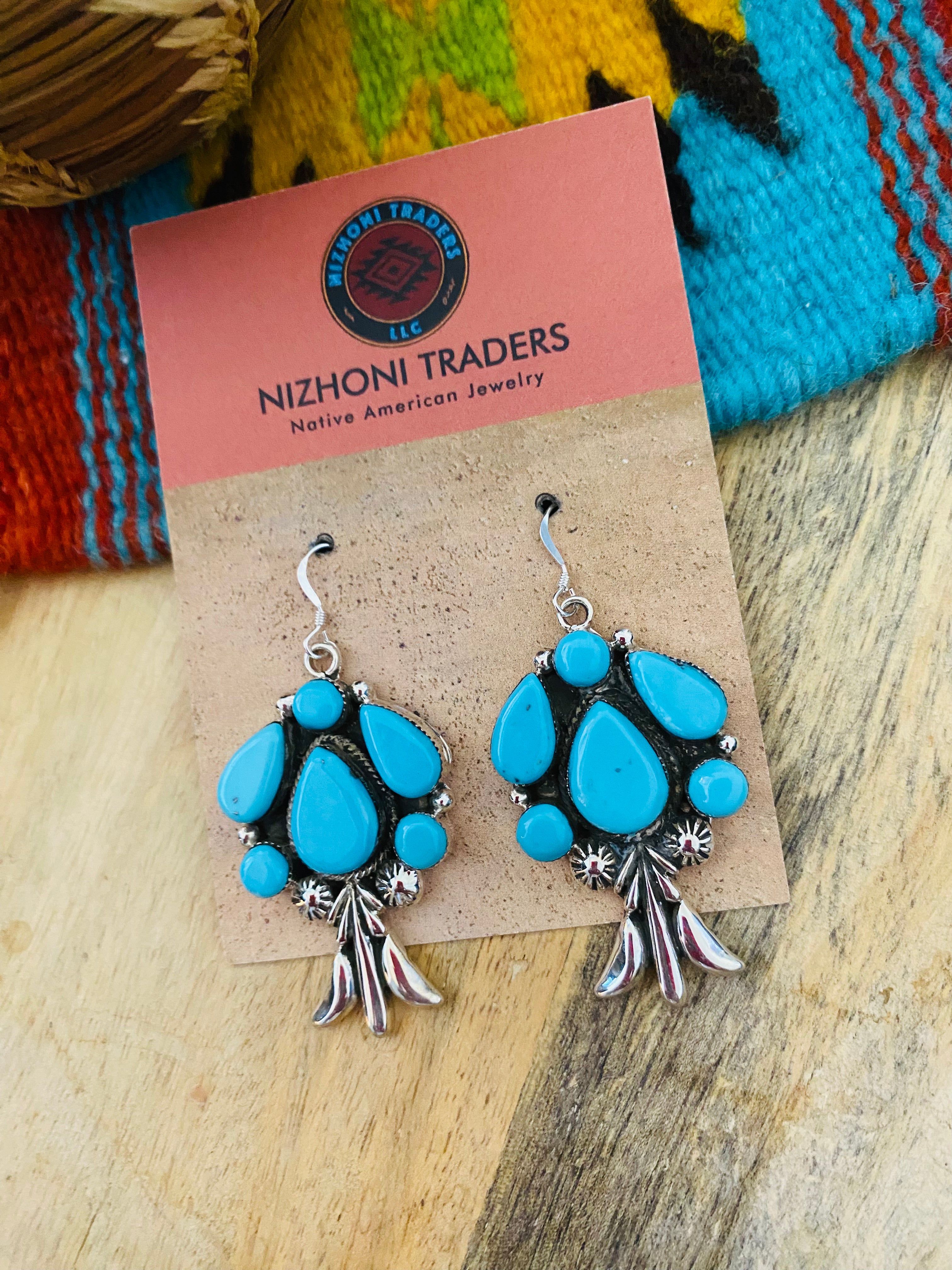 Navajo Sterling Silver & Turquoise Cluster Dangle Earrings