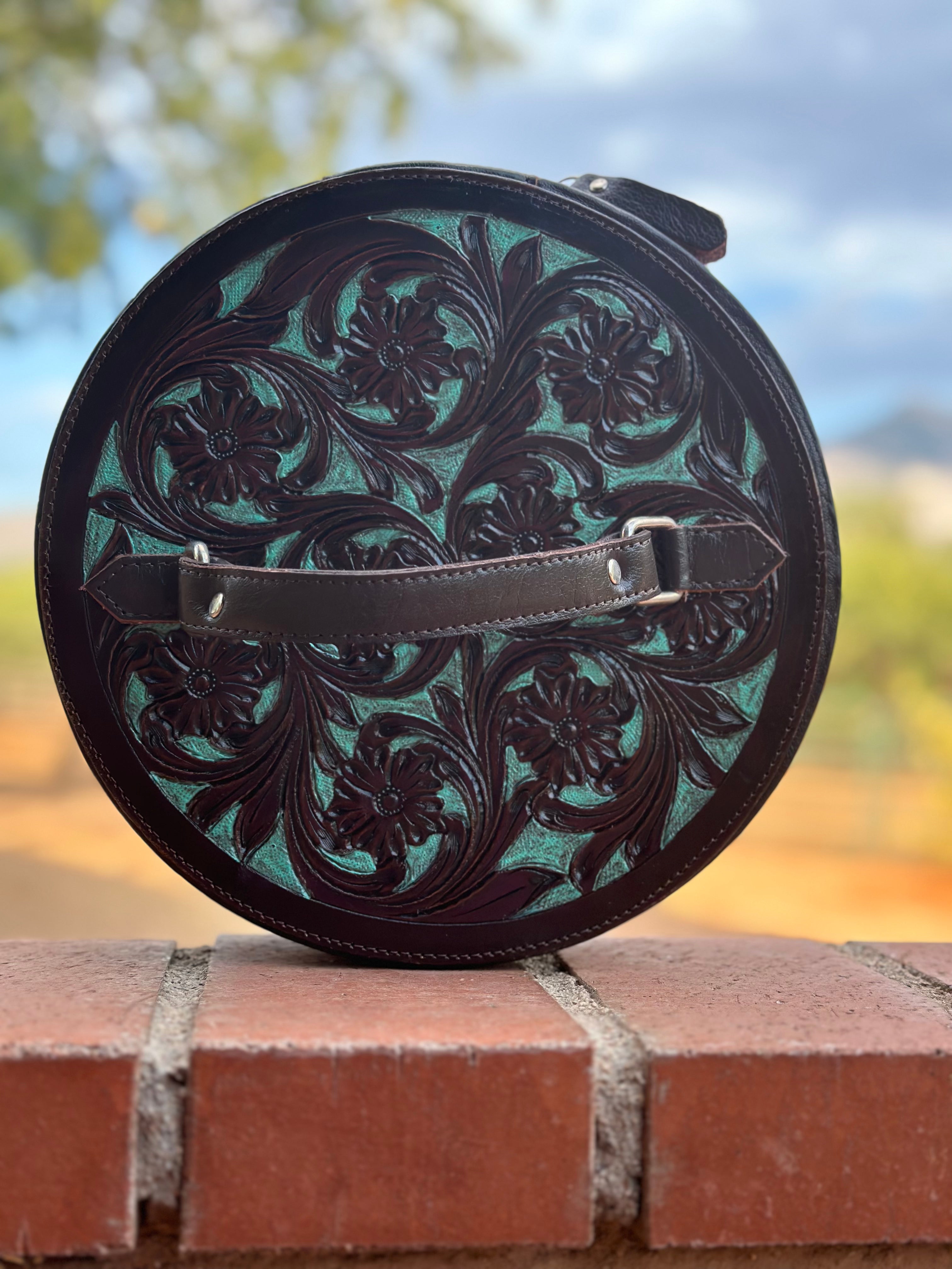 Chocolate Leather and Turquoise Travel Round Case