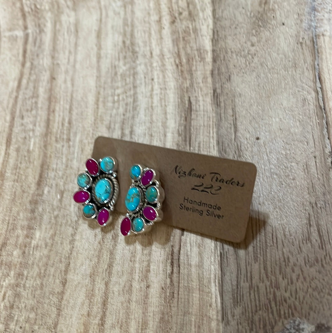 Handmade Pink Onyx, Turquoise & Sterling Silver Earrings Signed Nizhoni