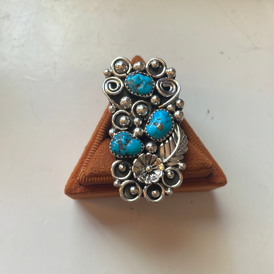 Navajo Sterling Silver & Turquoise Flower Ring Size 11