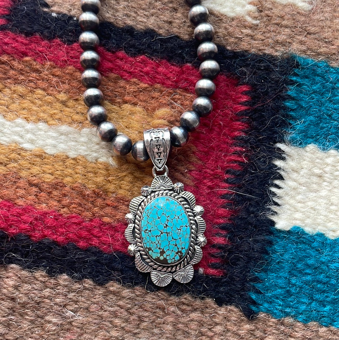 Handmade Sterling Silver & Number 8 Turquoise Pendant Signed Nizhoni