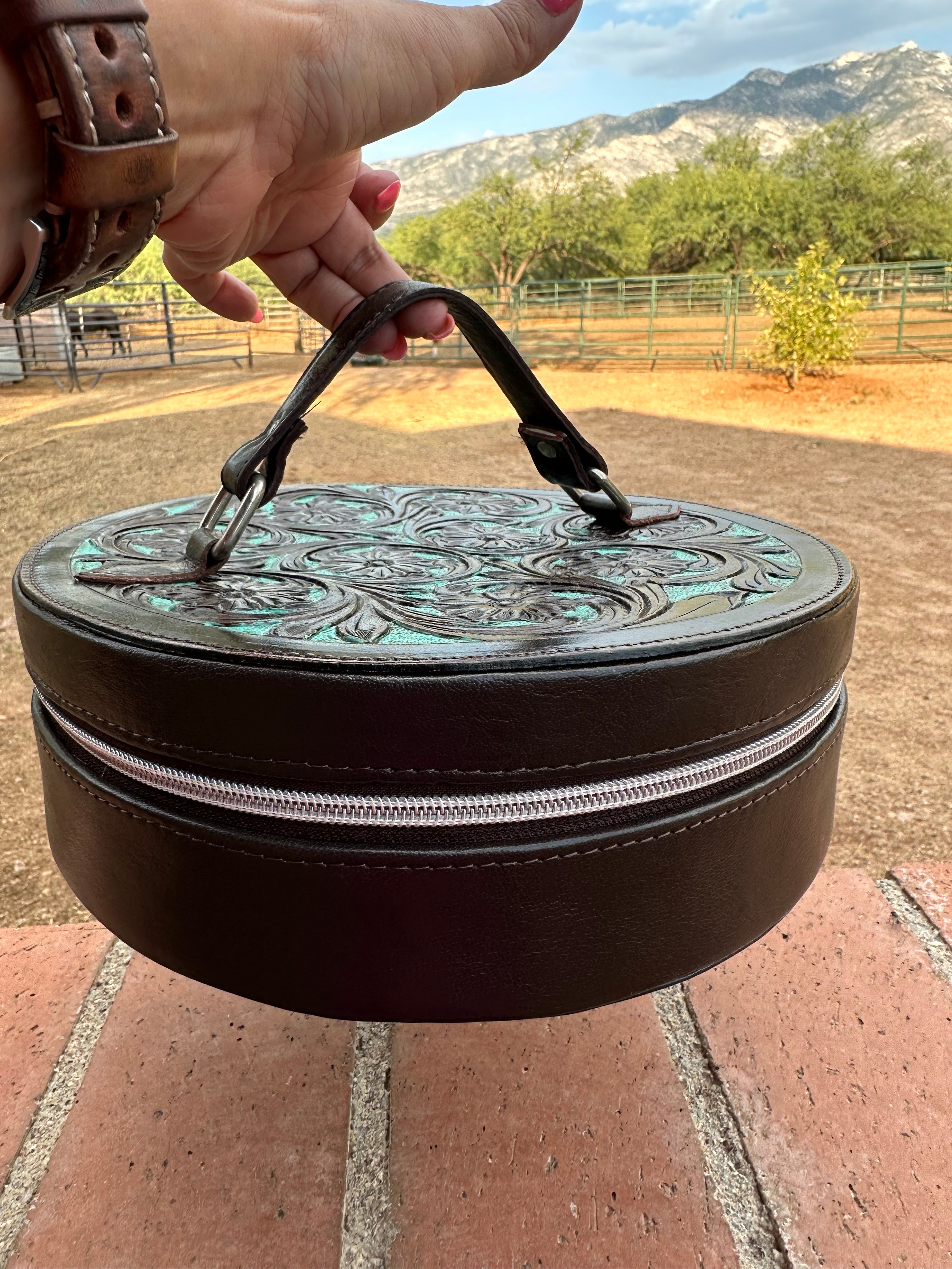 Chocolate Leather and Turquoise Travel Round Case