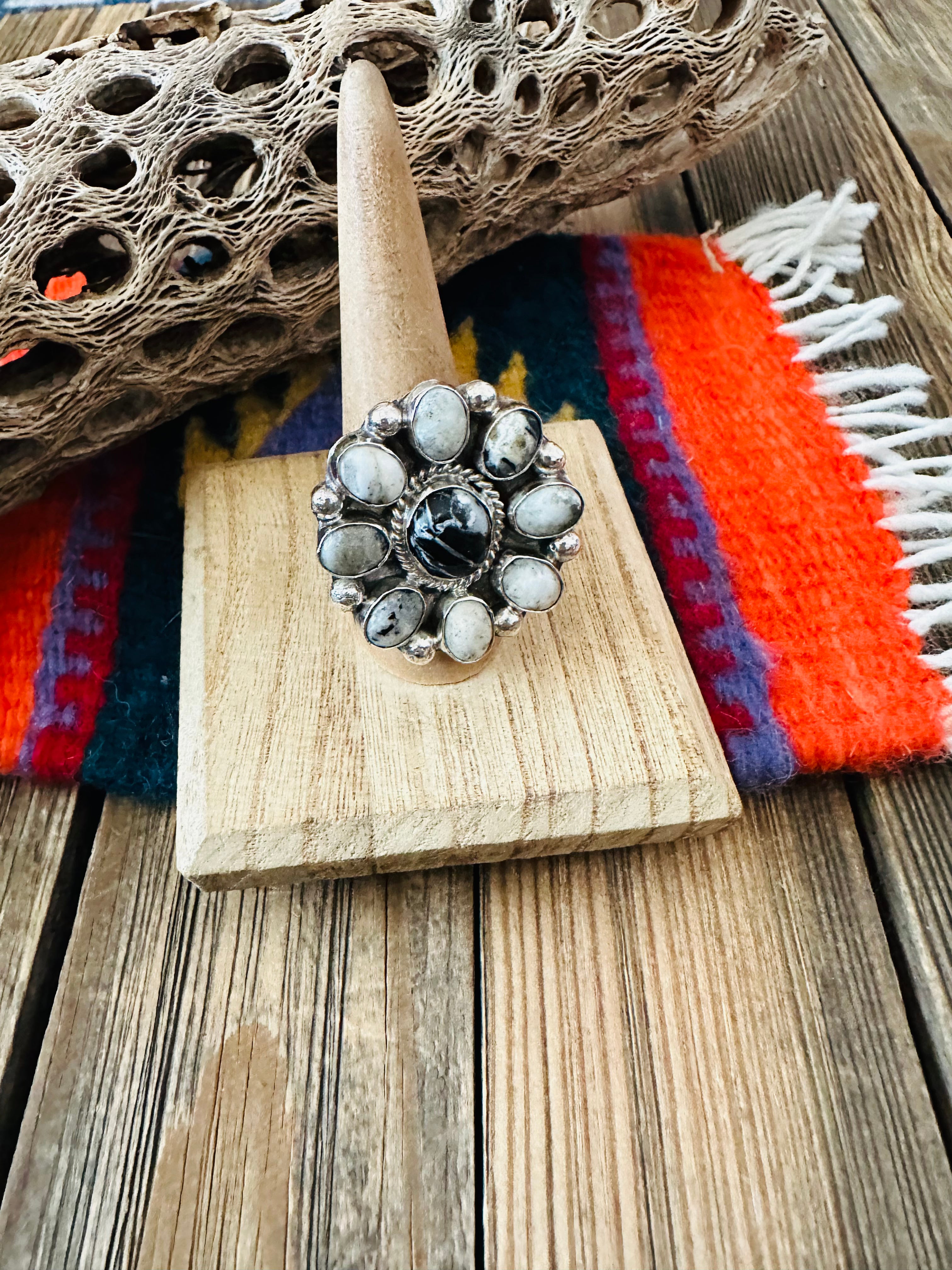 Navajo Sterling Silver And White Buffalo Cluster Adjustable Ring