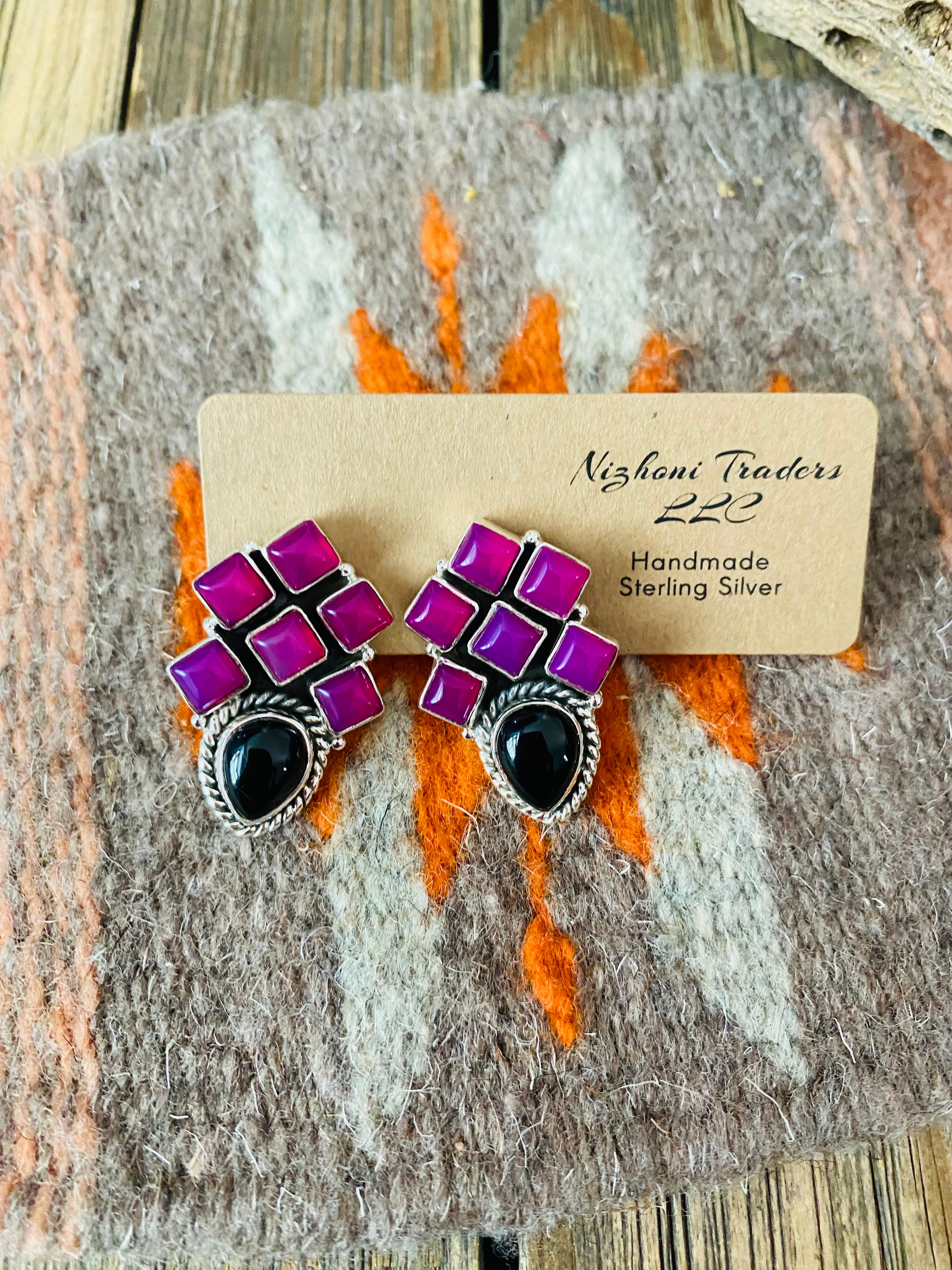 Handmade Pink & Black Onyx Sterling Silver Post Earrings Signed Nizhoni