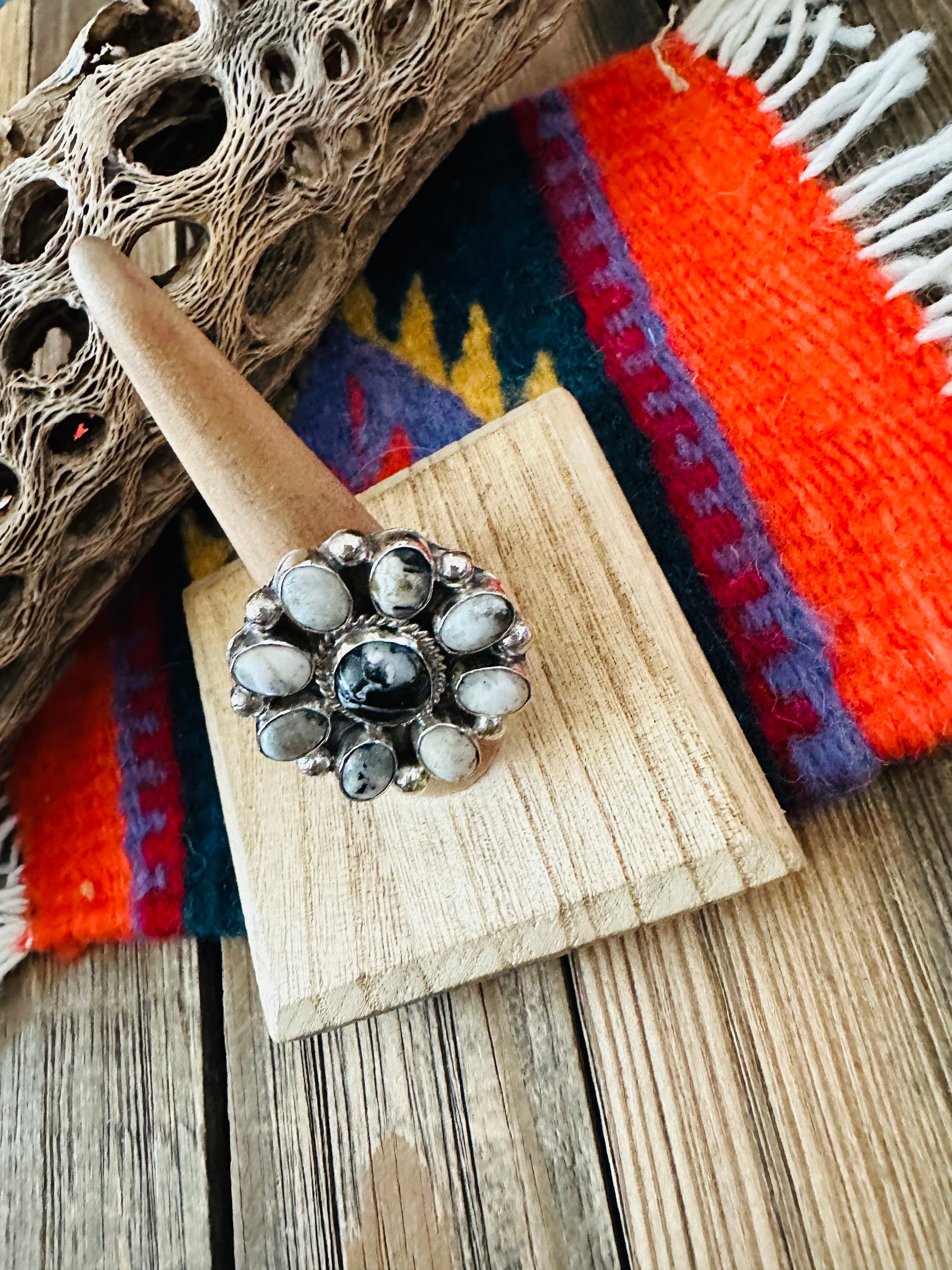 Navajo Sterling Silver And White Buffalo Cluster Adjustable Ring