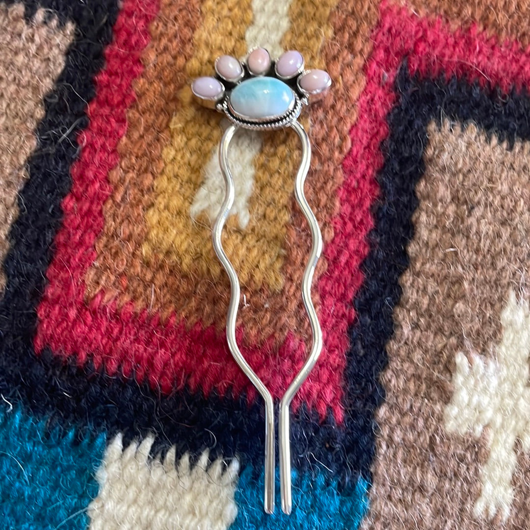 Handmade Larimar, Pink Conch & Sterling Silver Hair Pin