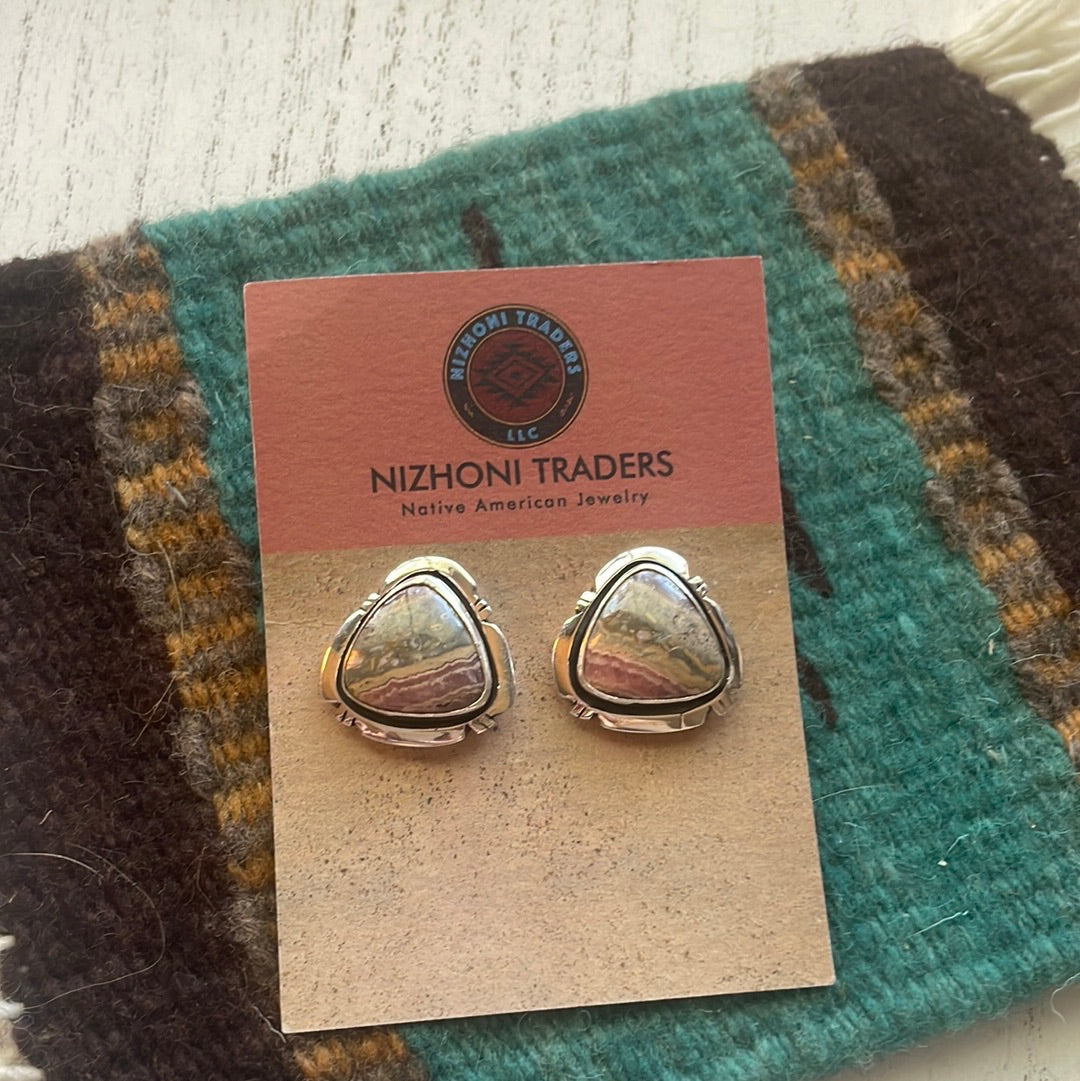 Navajo Sterling Silver & Rhodochrosite Stone Post Earrings Signed