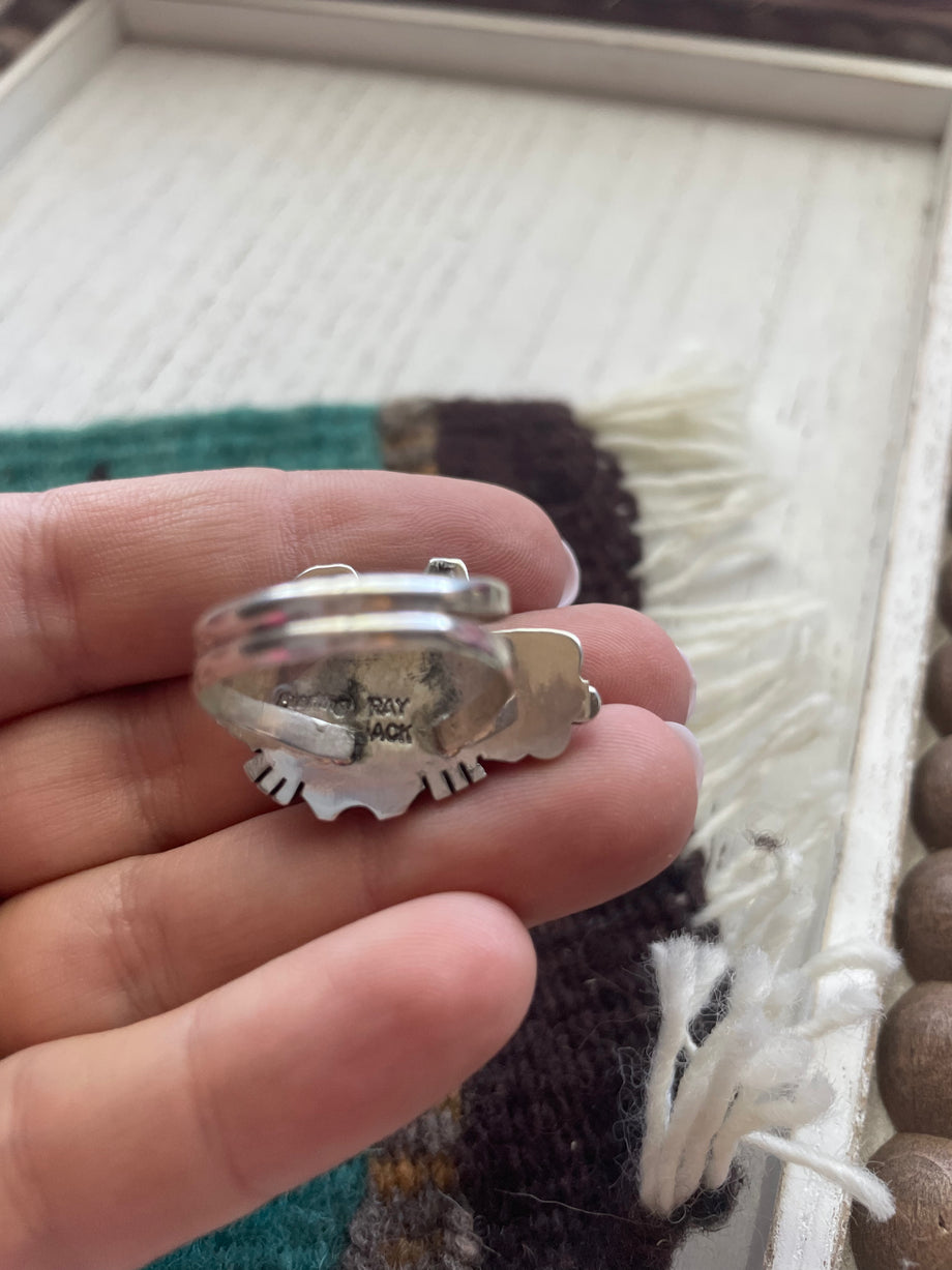 Navajo Sterling Silver Inlay Fetish Bear Ring Signed Ray Jack