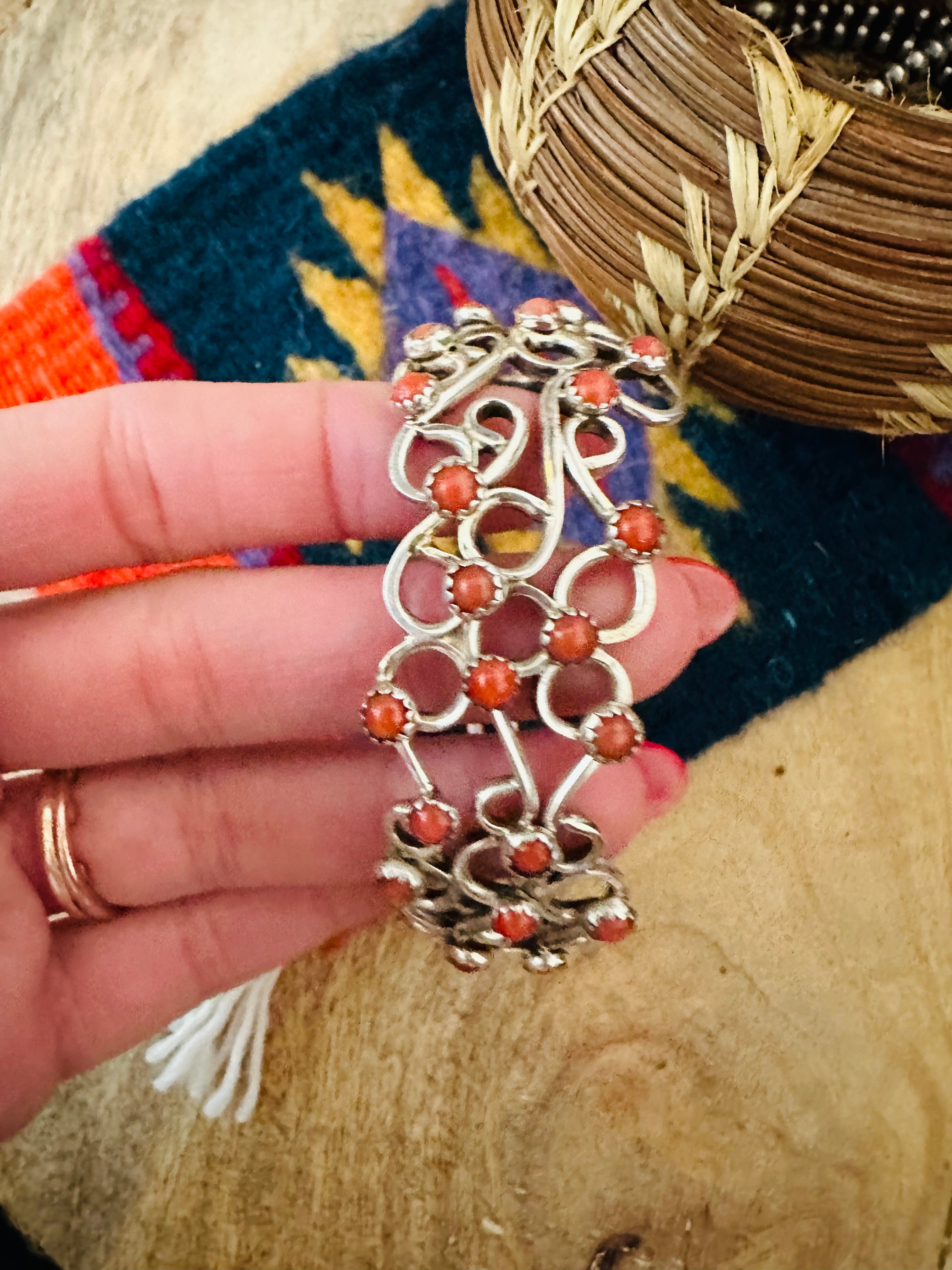 Navajo Coral & Sterling Silver Cuff Bracelet Signed