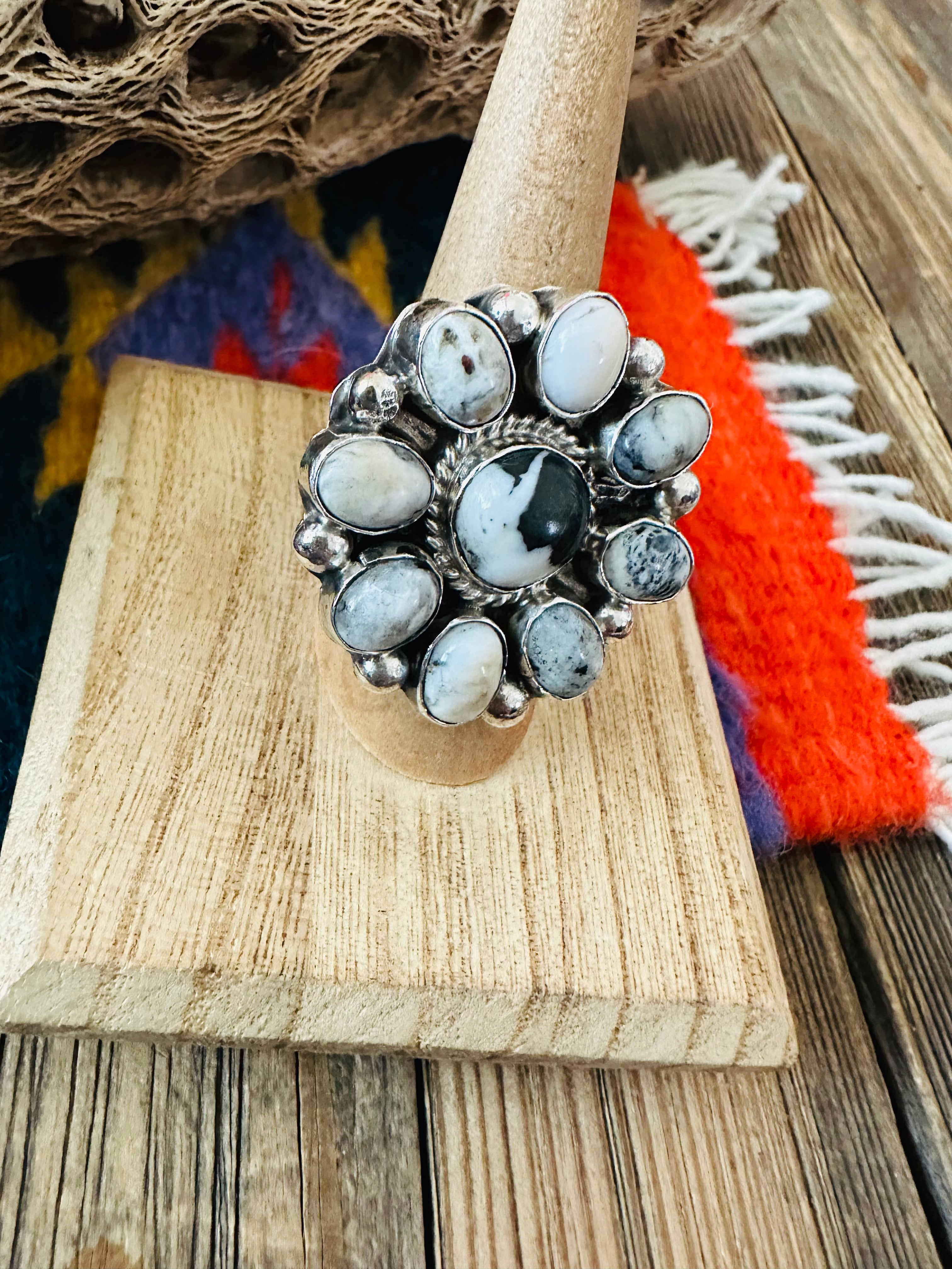 Navajo Sterling Silver And White Buffalo Cluster Adjustable Ring