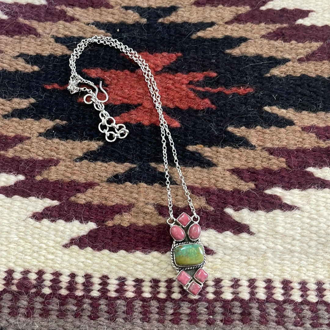 Handmade Sterling Silver, Rhodonite & Turquoise Necklace