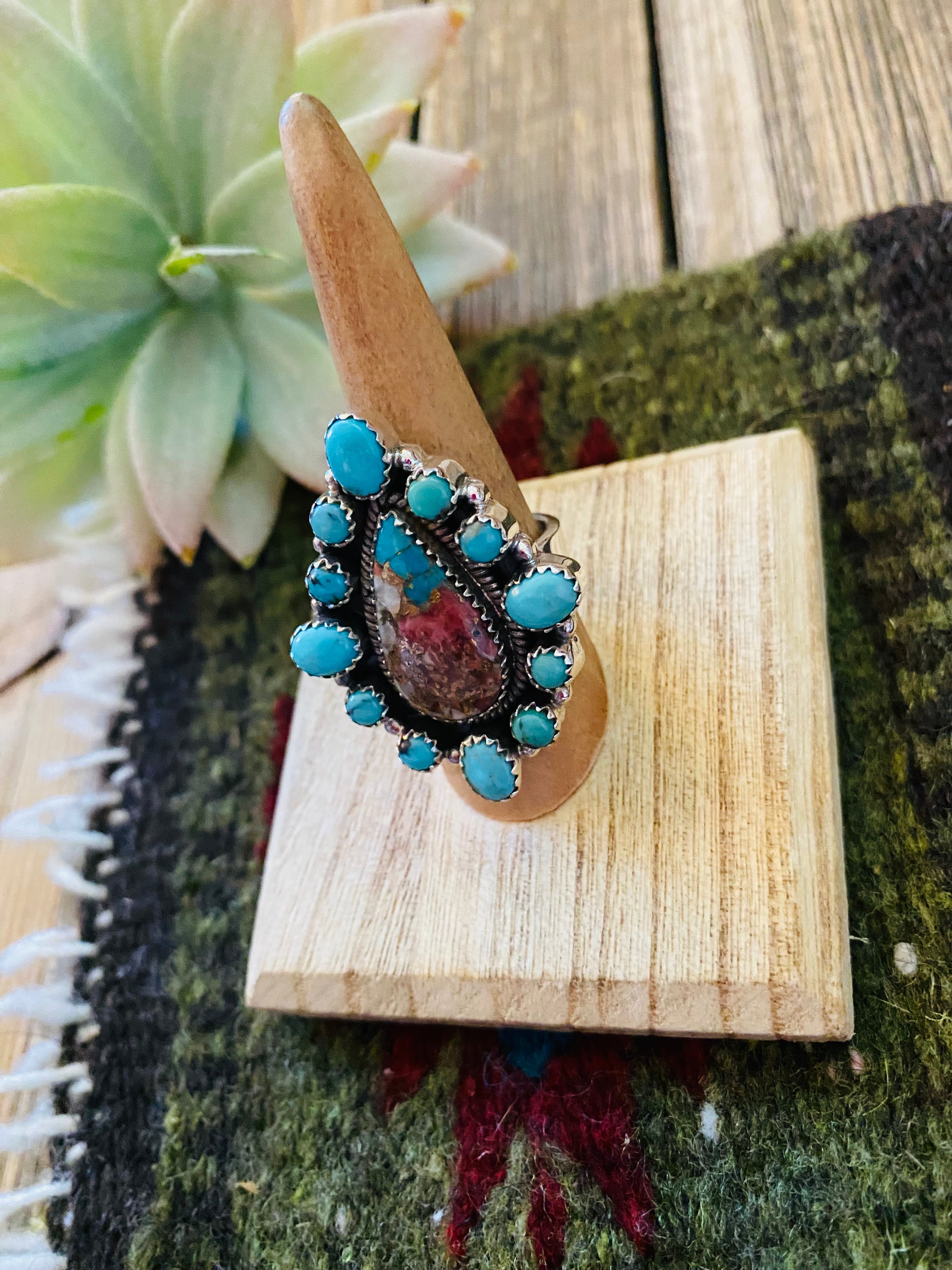 Handmade Sterling Silver, Pink Dream & Turquoise Cluster Adjustable Ring