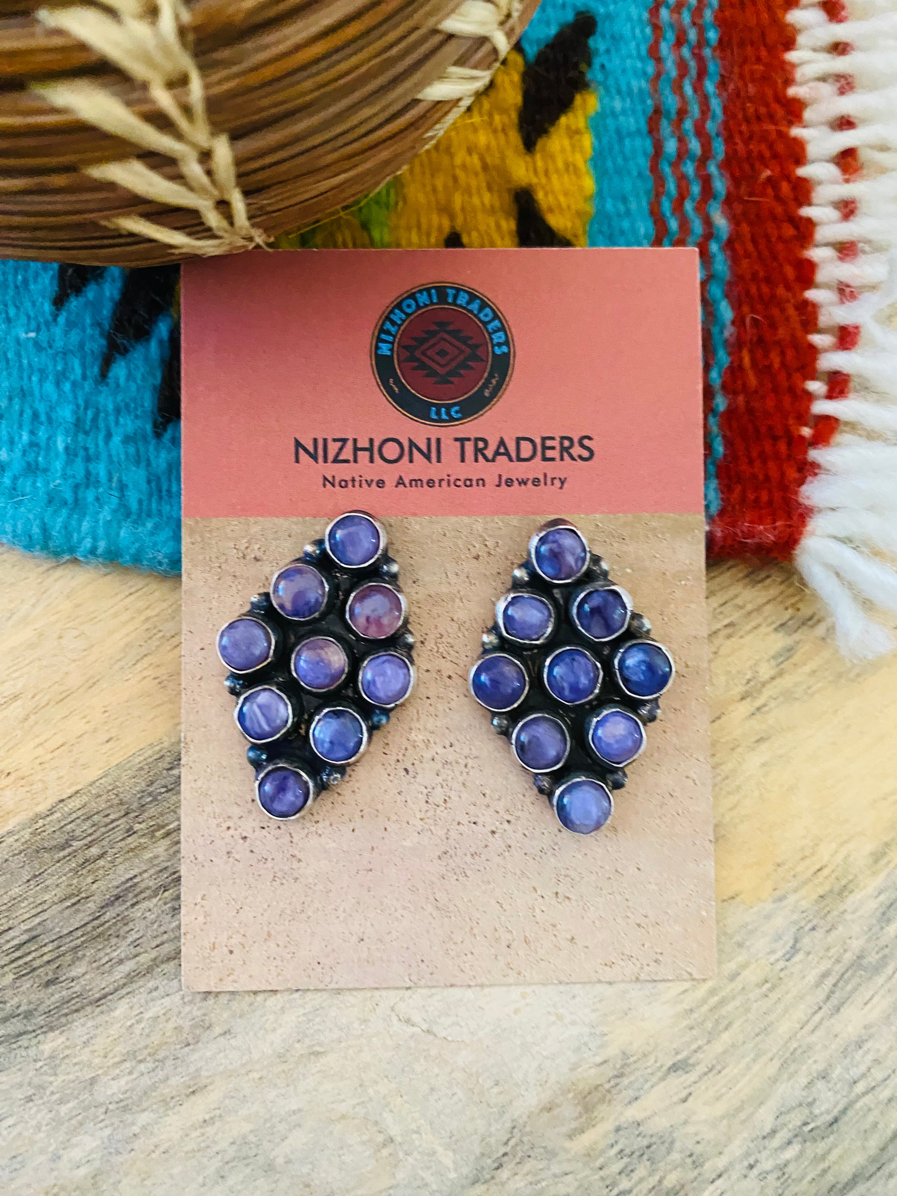 Navajo Charoite & Sterling Silver Cluster Earrings