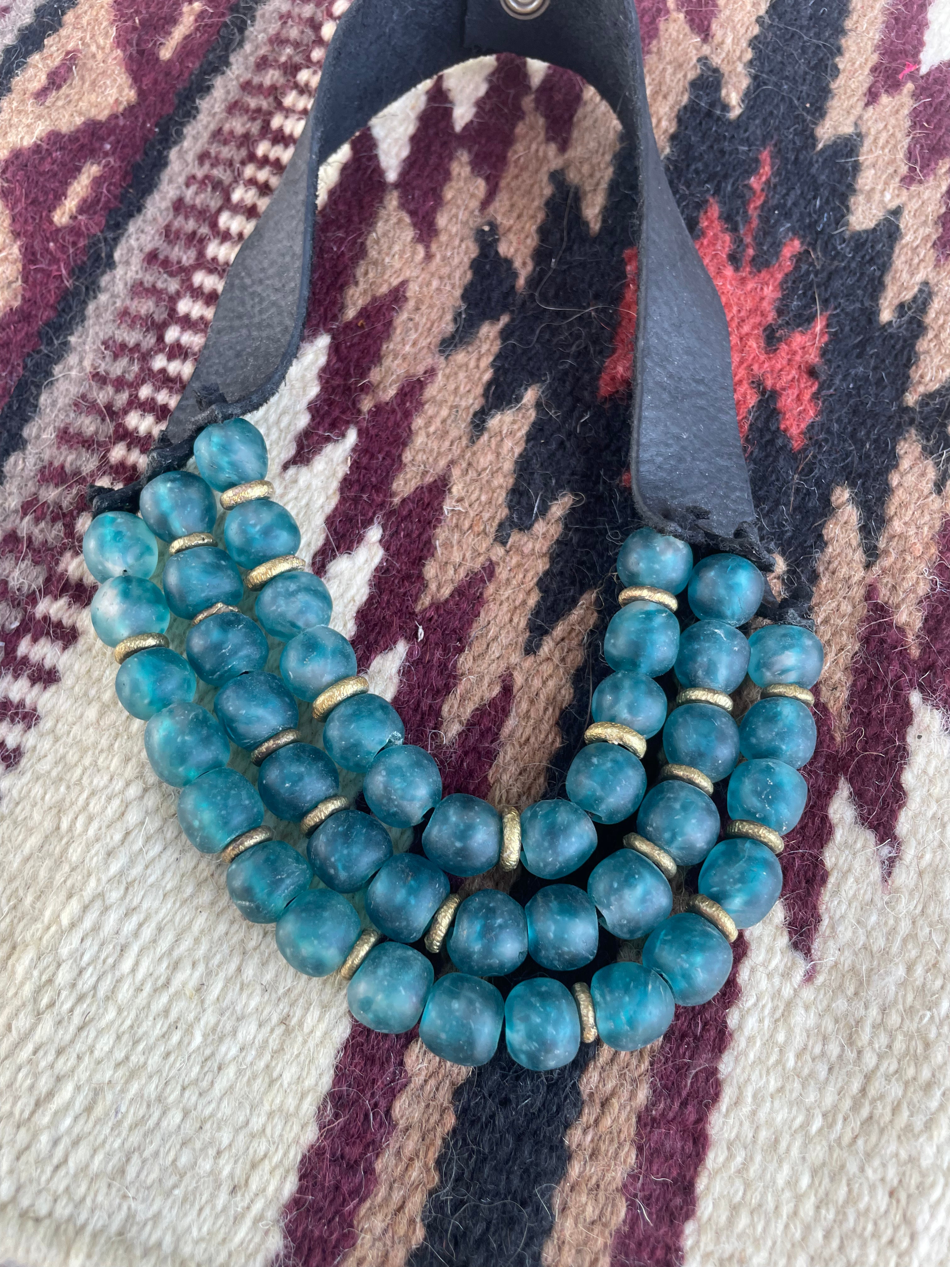 Handmade Recycled Glass 3 Strand Blue Beaded Necklace