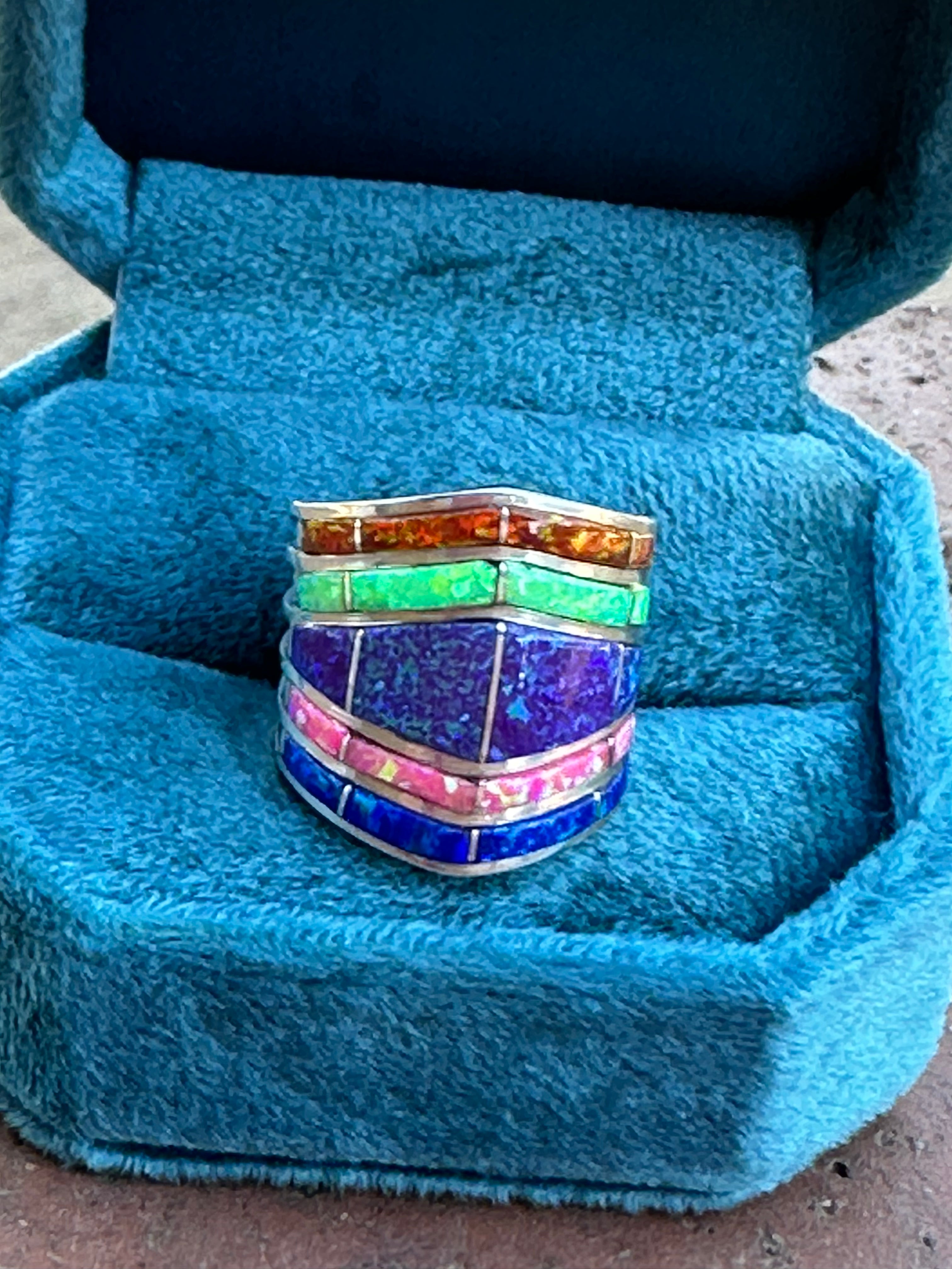 Zuni Sterling Silver Tri Color Opal Inlay  Stacker Ring