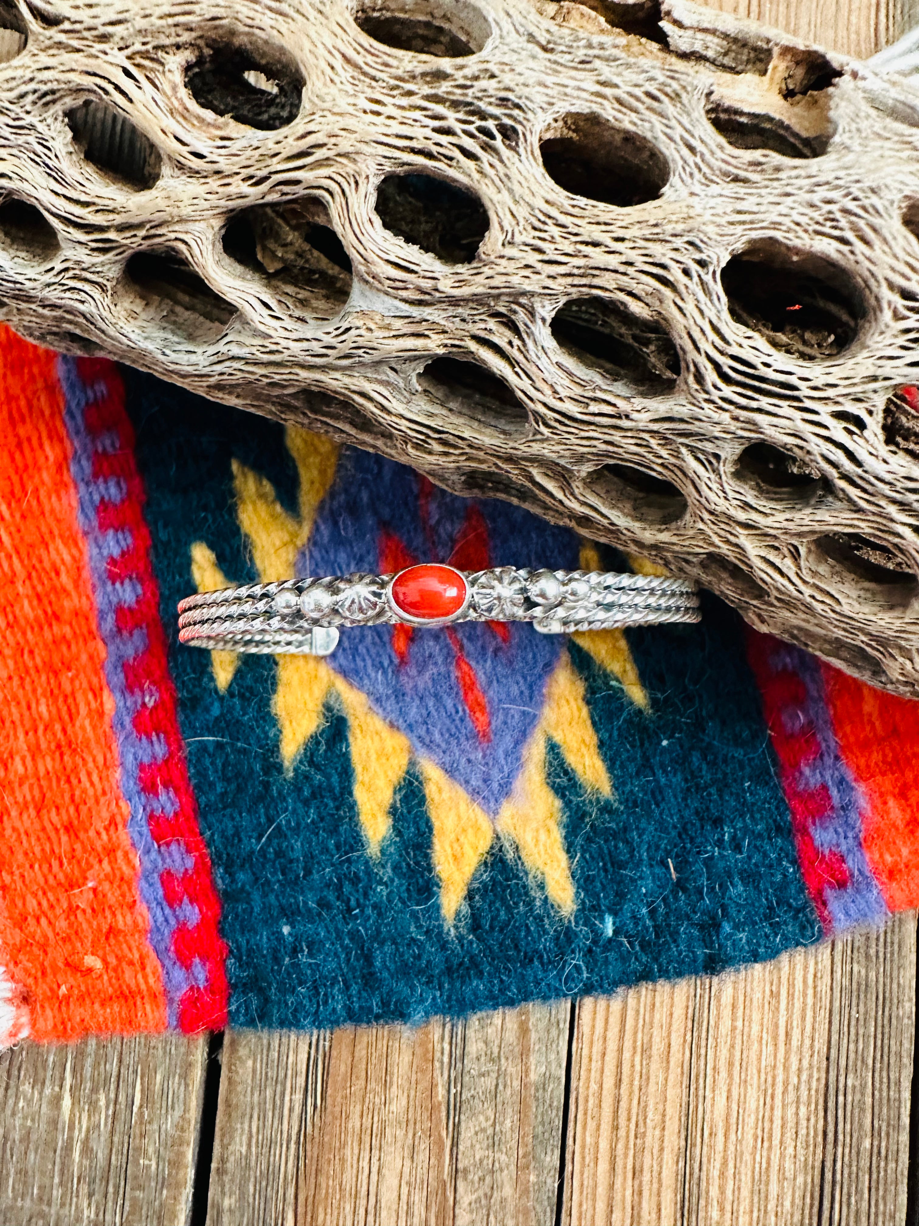 Navajo Coral & Sterling Silver Cuff Bracelet