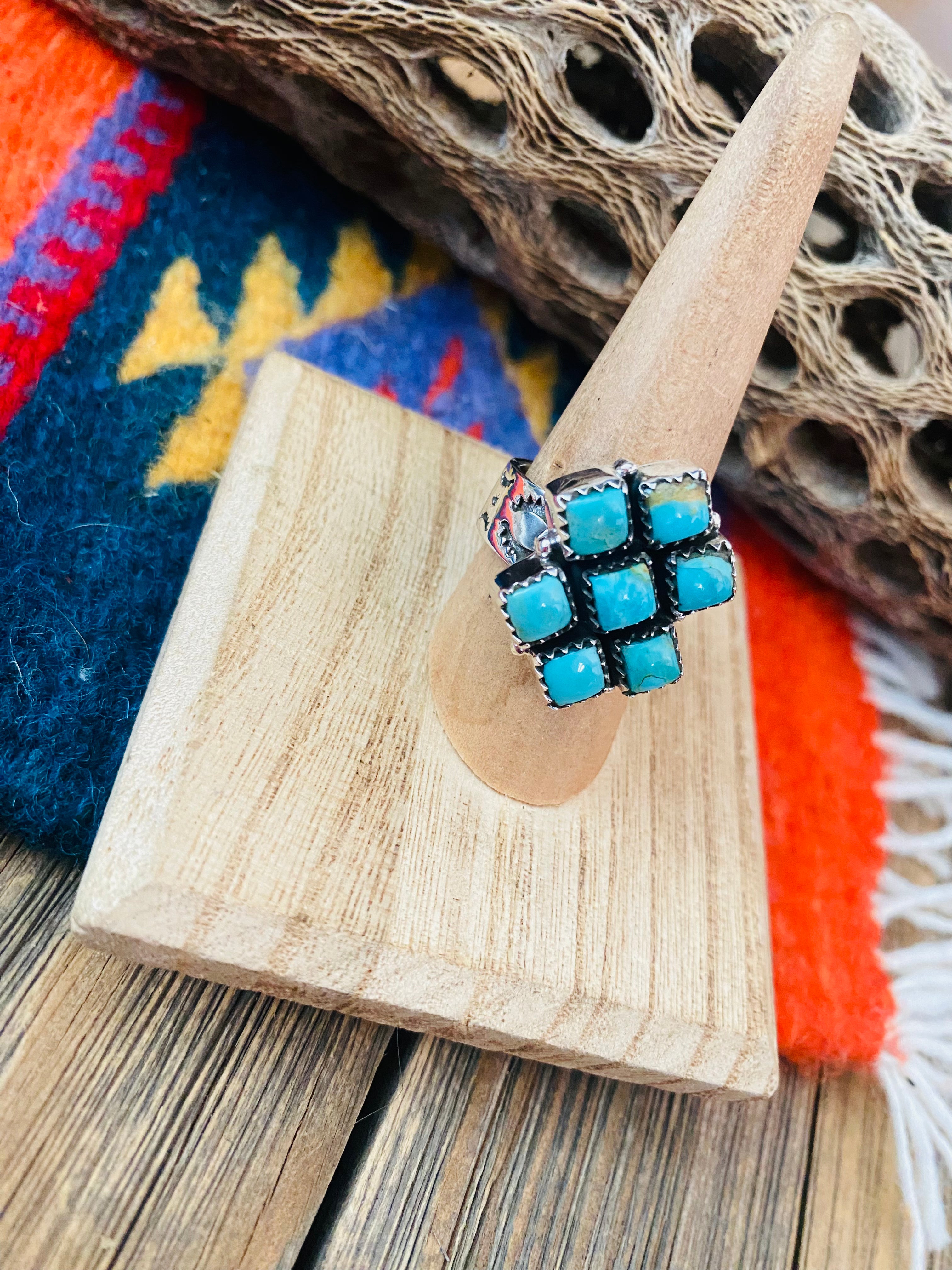 Handmade Sterling Silver & Turquoise Cluster Adjustable Ring