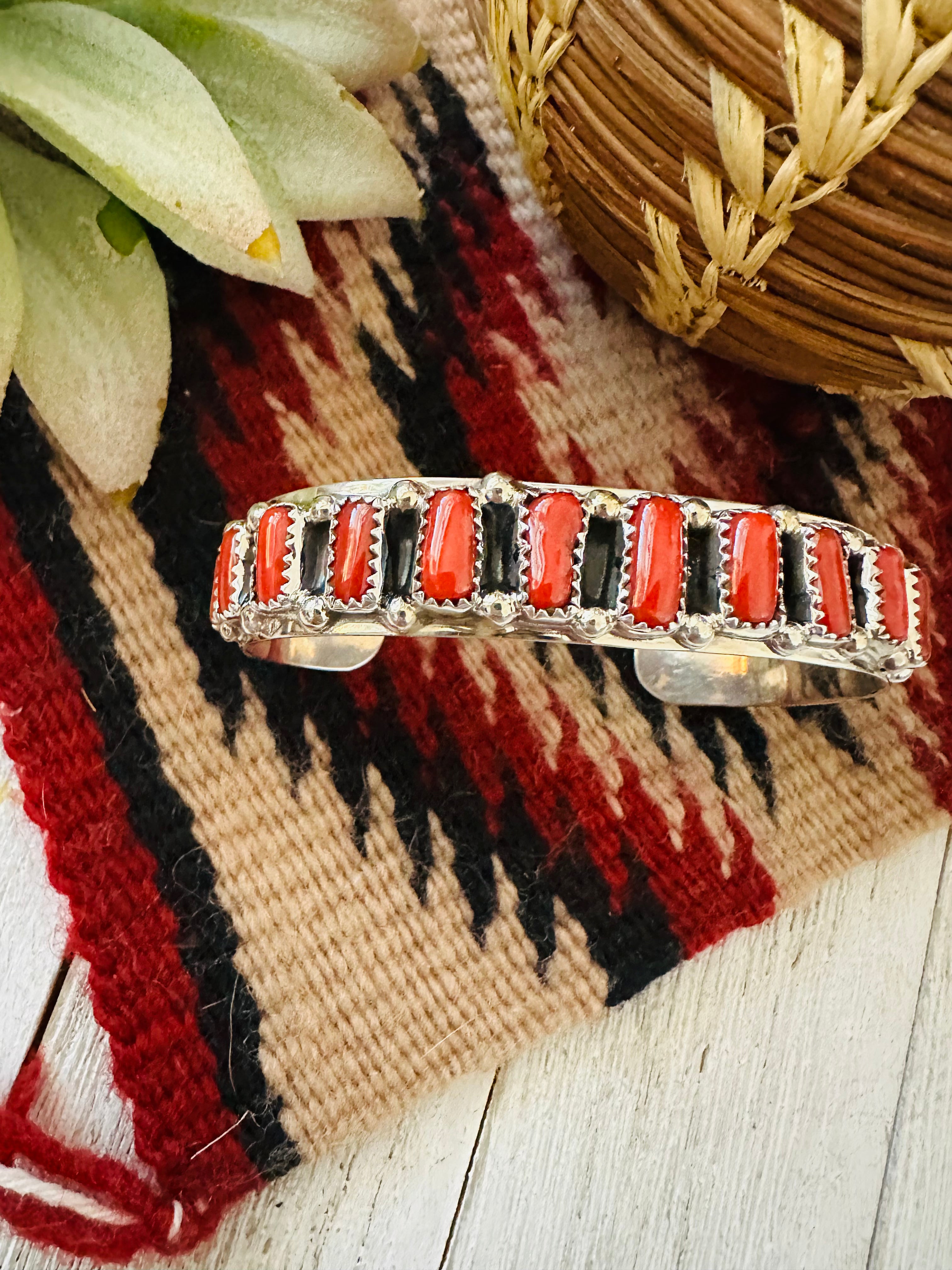 Navajo Coral & Sterling Silver Cuff Bracelet Signed