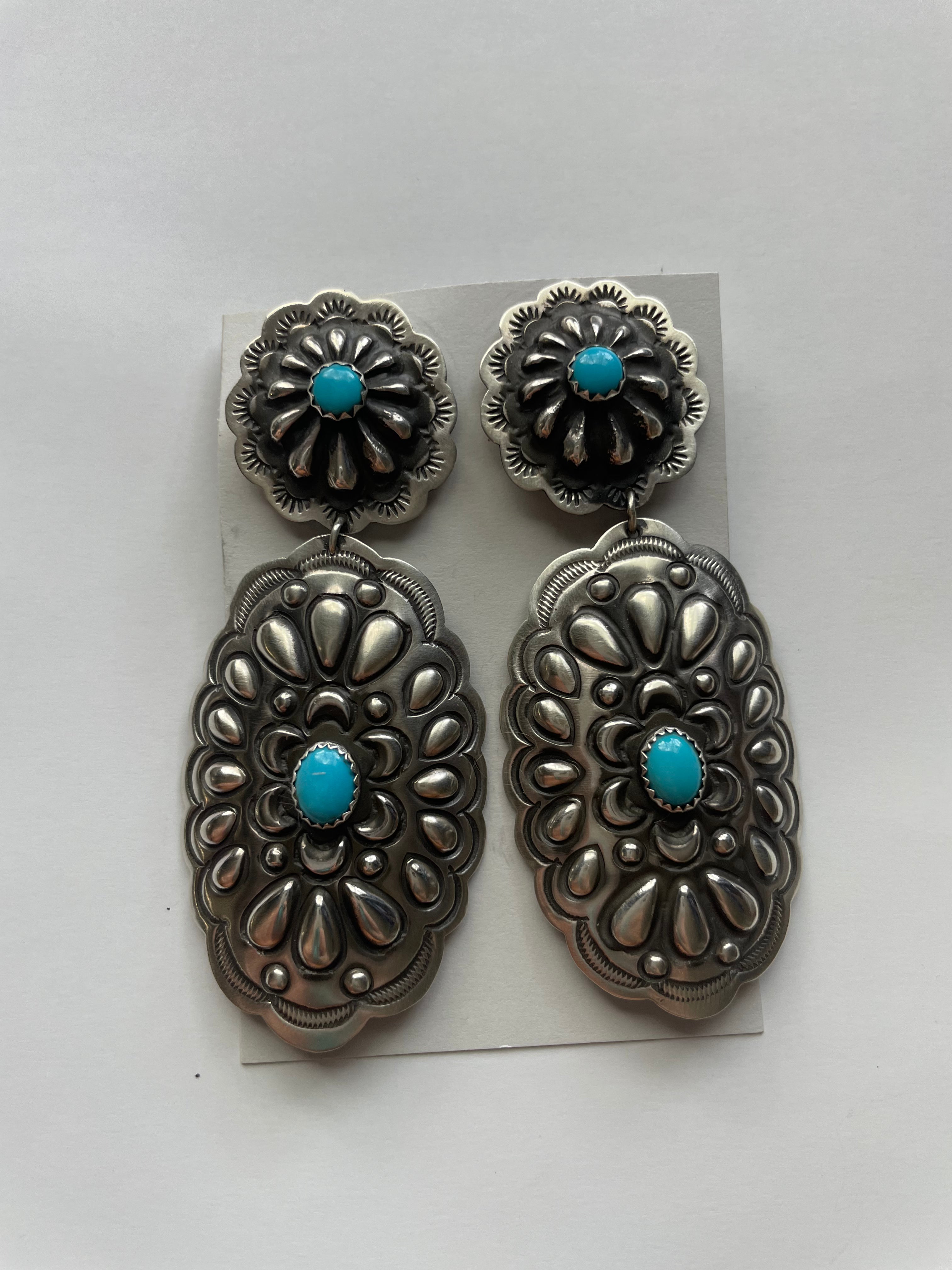 “The “Lainey” Leander Tahe Navajo Sterling Silver & Turquoise Concho Dangle Earrings Signed