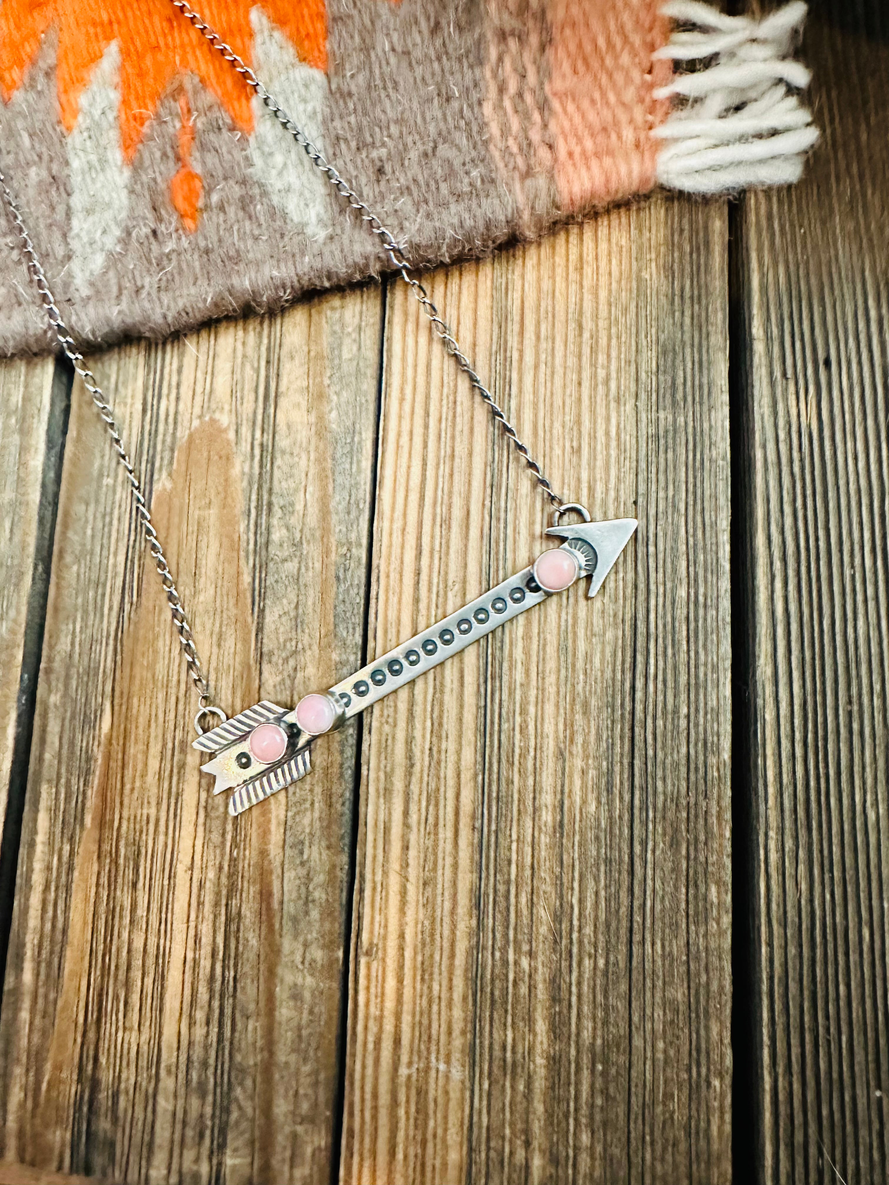 Navajo Sterling Silver & Queen Pink Conch Shell Arrow Necklace