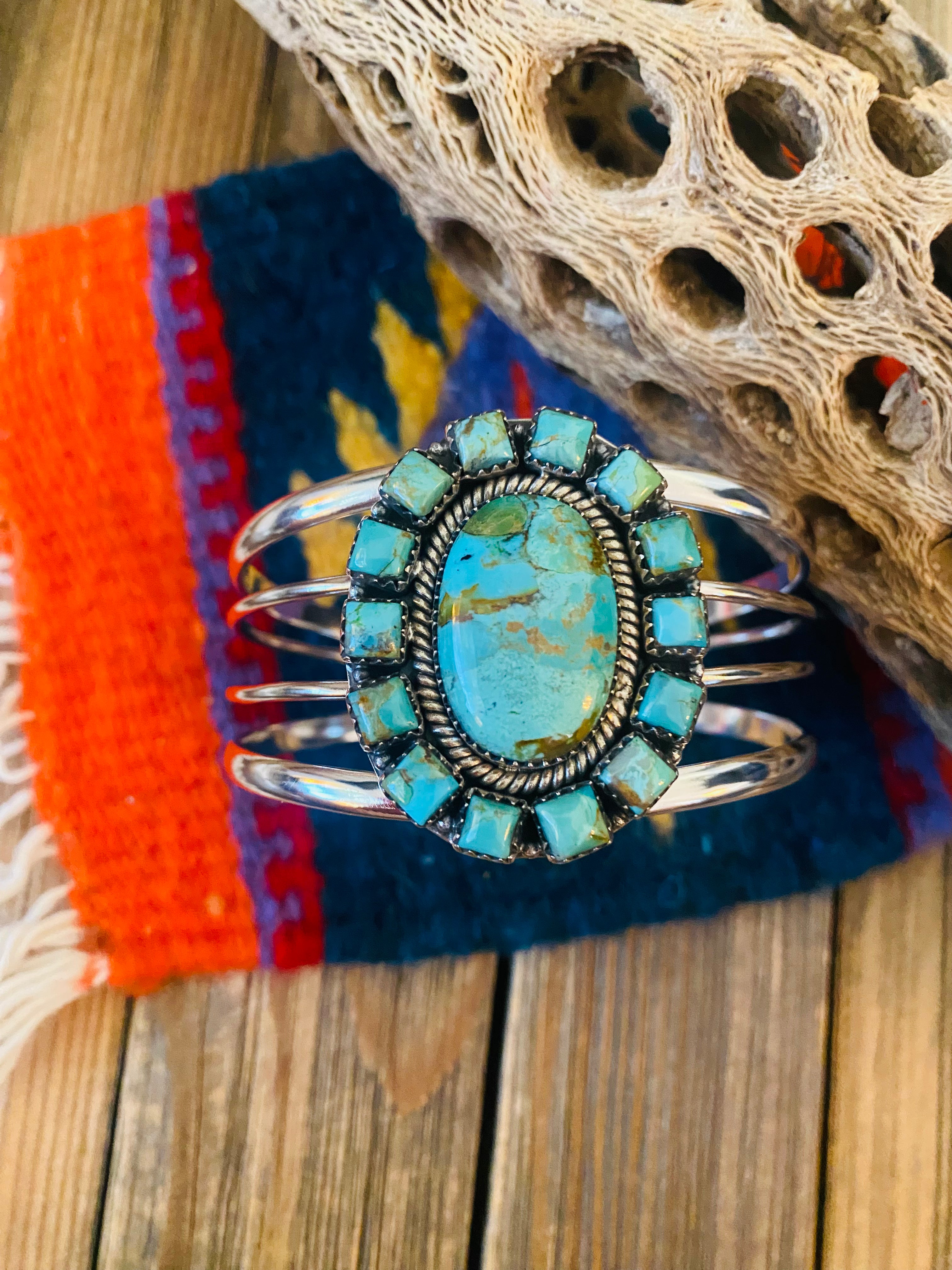 Handmade Sterling Silver & Royston Turquoise Cluster Cuff Bracelet