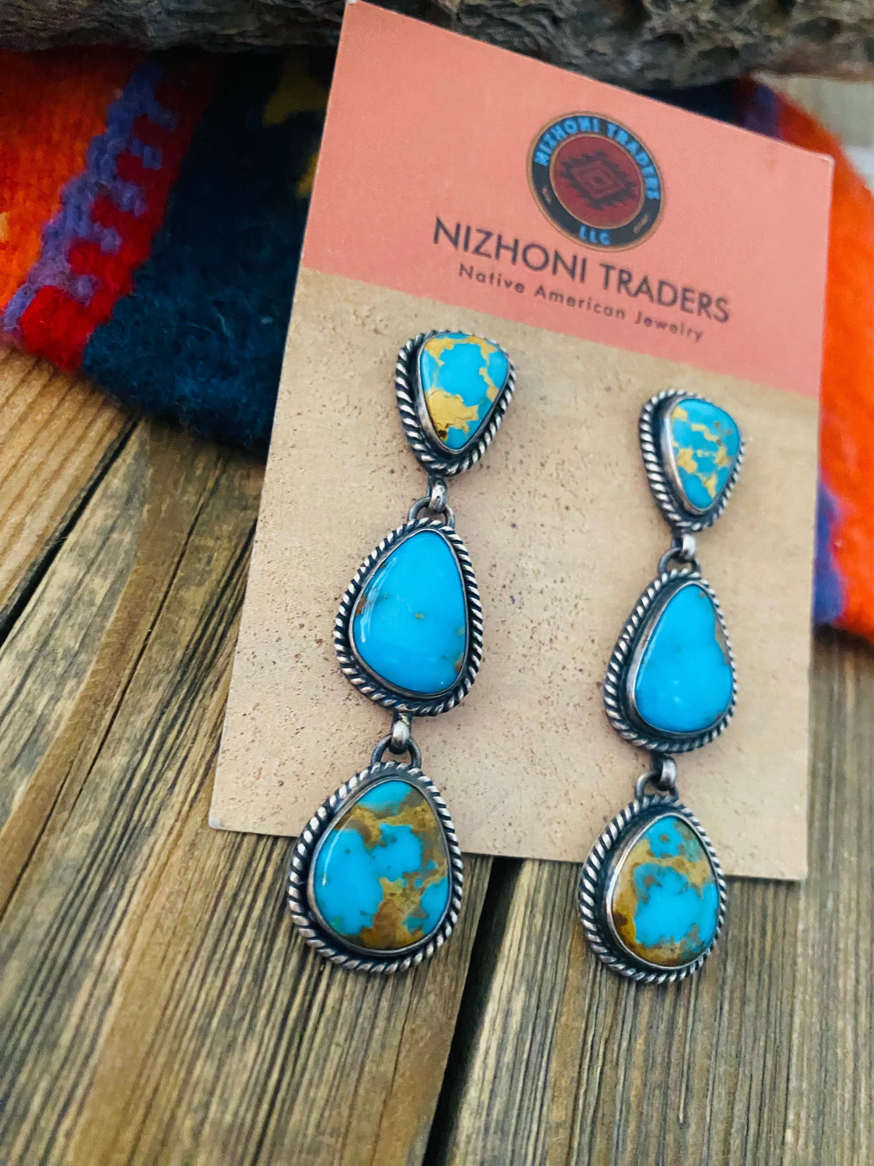 Navajo Sterling Silver & Kingman Turquoise Dangle Earrings